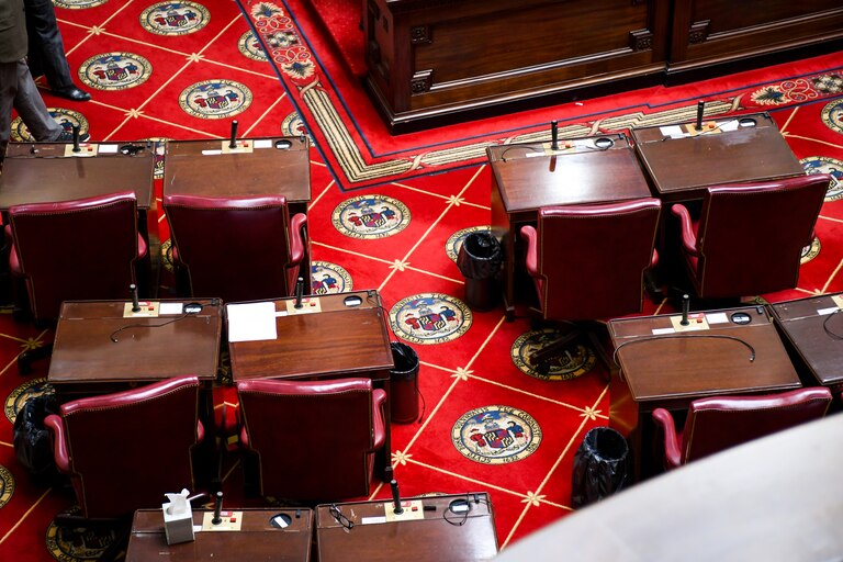 Most of the seats in the Maryland Senate are empty as President Bill Ferguson conducts a pro forma session on Friday, Jan. 16, 2026. These sessions allow the Senate to conduct basic business like introducing bills without having the full membership present.