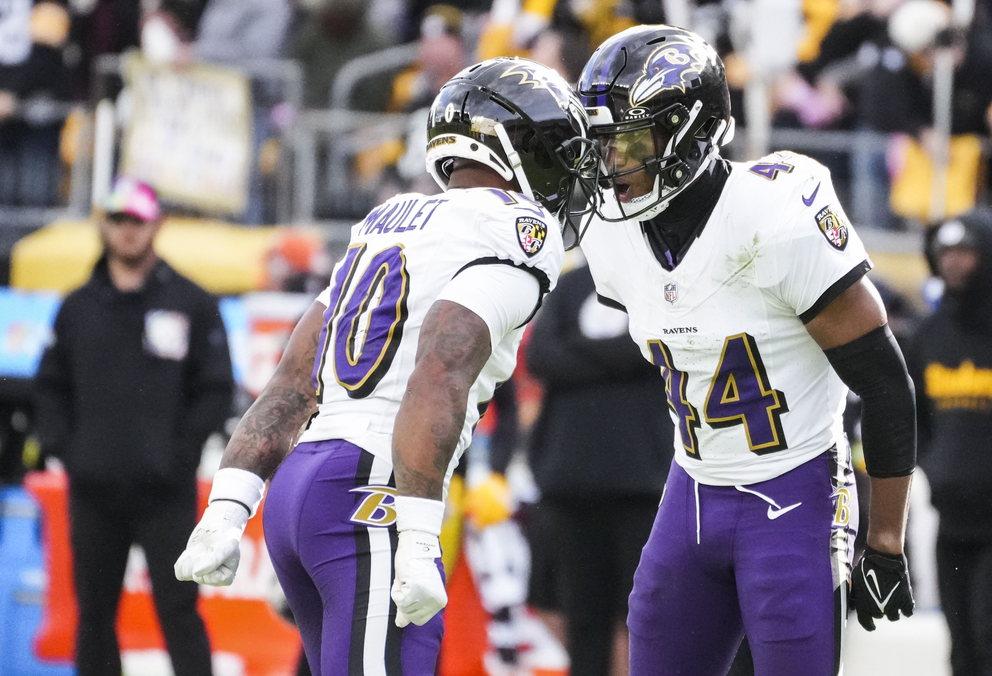 Ravens cornerbacks Arthur Maulet and Marlon Humphrey celebrate during the game in Pittsburgh this season.