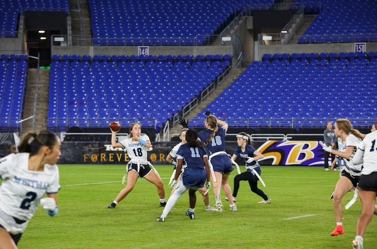 Walt Whitman Vikings team member Margaret Cook sets up for a pass. The Clarksburg Coyotes and the Walt Whitman Viking play in the Maryland Girl’s Flag Football Tournament at M&T Bank Stadium.