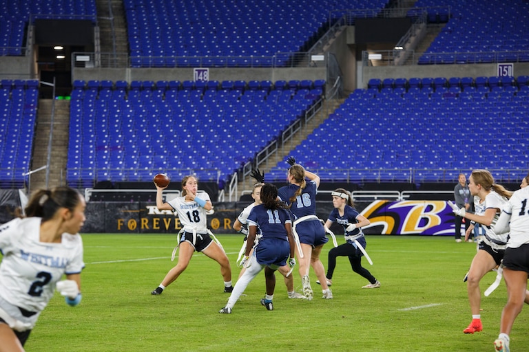 Walt Whitman Vikings team member Margaret Cook sets up for a pass. The Clarksburg Coyotes and the Walt Whitman Viking play in the Maryland Girl’s Flag Football Tournament at M&T Bank Stadium.