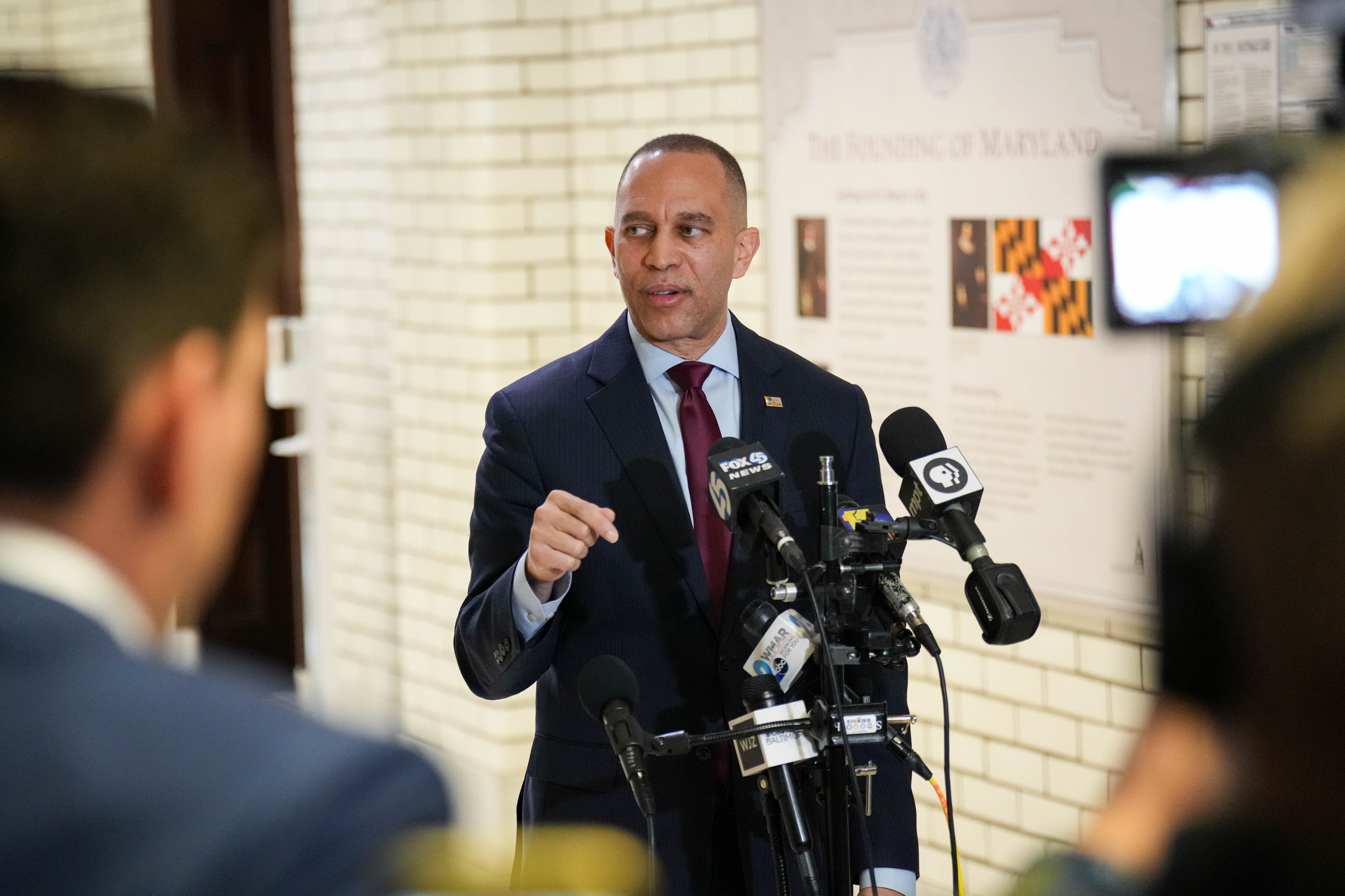 U.S. House Minority Leader Hakeem Jeffries gives remarks after a conversation with Maryland leadership at the Maryland State House in Annapolis on Wednesday.