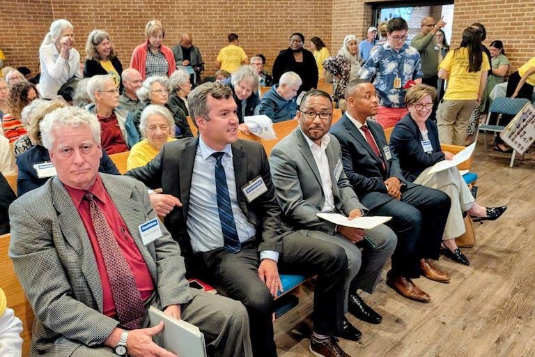 Anne Arundel County executive candidates, from left, Republican Dave Crawford and Democrats James Kitchin, Kyle A. Nembhard, Pete Smith and Allison Pickard attend a candidate forum on May 21, 2026 in Annapolis.