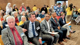 Anne Arundel County executive candidates, from left, Republican Dave Crawford and Democrats James Kitchin, Kyle A. Nembhard, Pete Smith and Allison Pickard attend a candidate forum on May 21, 2026 in Annapolis.