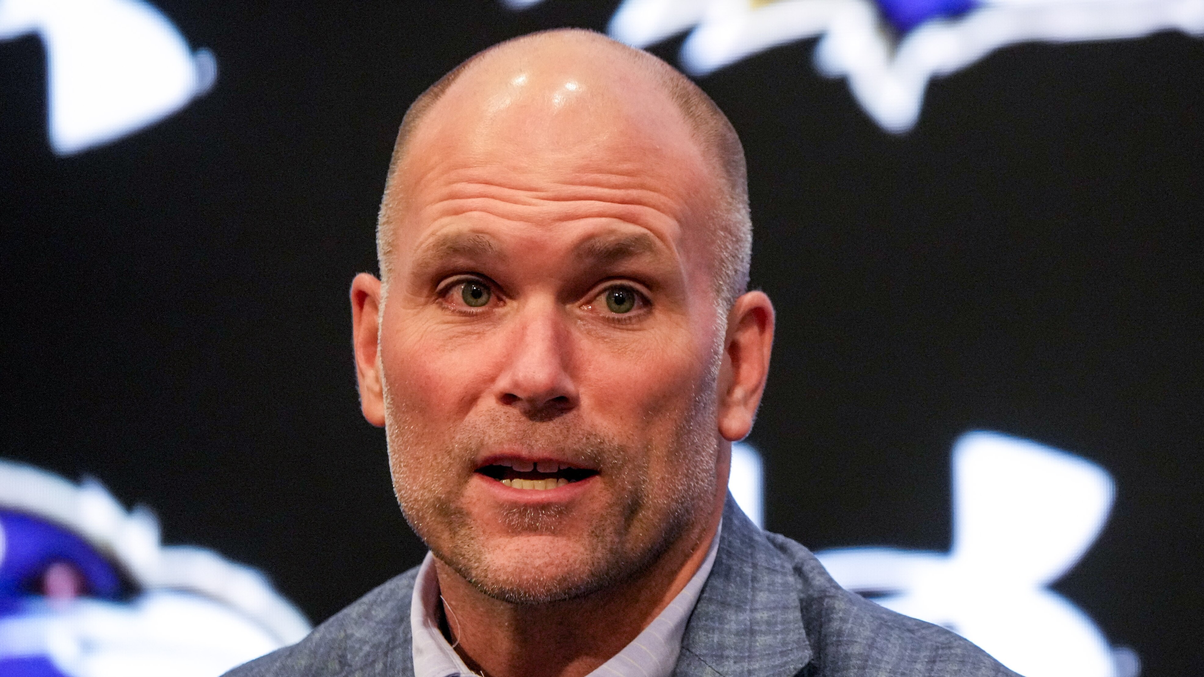Baltimore Ravens General Manager Eric DeCosta takes questions during a news conference at the Under Armour Performance Center in Owings Mills on Thursday, March 14.