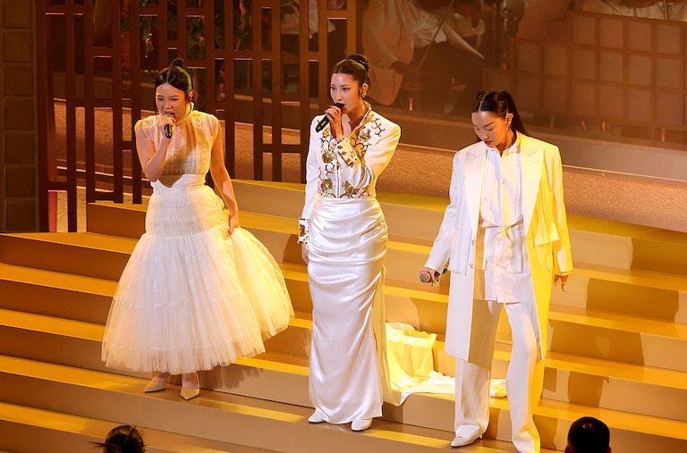 From left to right: Rei Ami, EJAE, and Audrey Nuna perform onstage during the 98th Oscars at Dolby Theatre on March 15, 2026 in Hollywood, California.