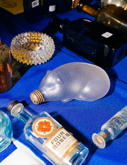 A pig shaped bottle is on display at The Baltimore Antique Bottle Club 45th Annual Show & Sale at the Howard County Fair Grounds
