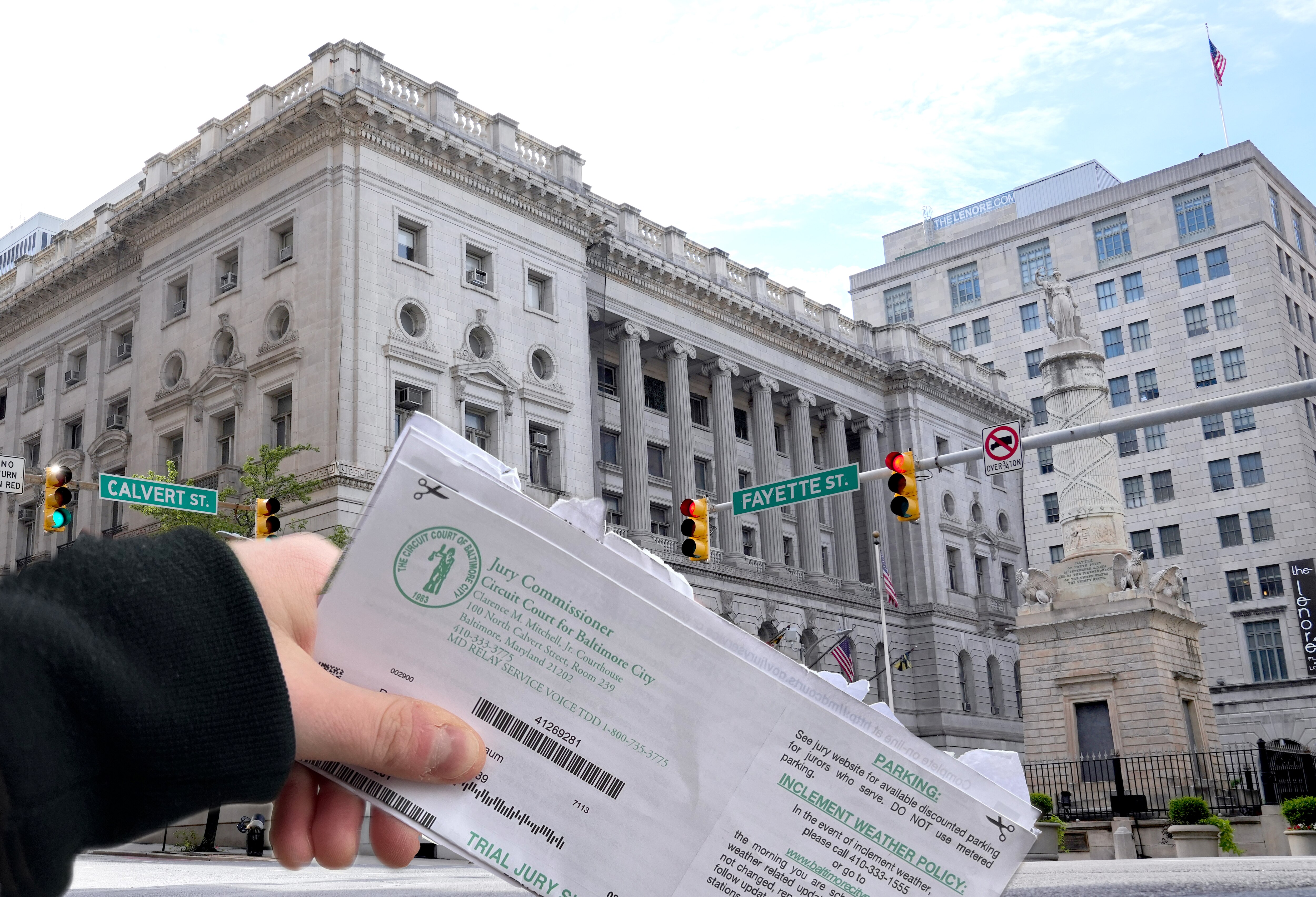 Baltimore Banner courts reporter Dylan Segelbaum‘s trial jury summons outside the Clarence M. Mitchell Jr. Courthouse on Feb. 12, 2024.