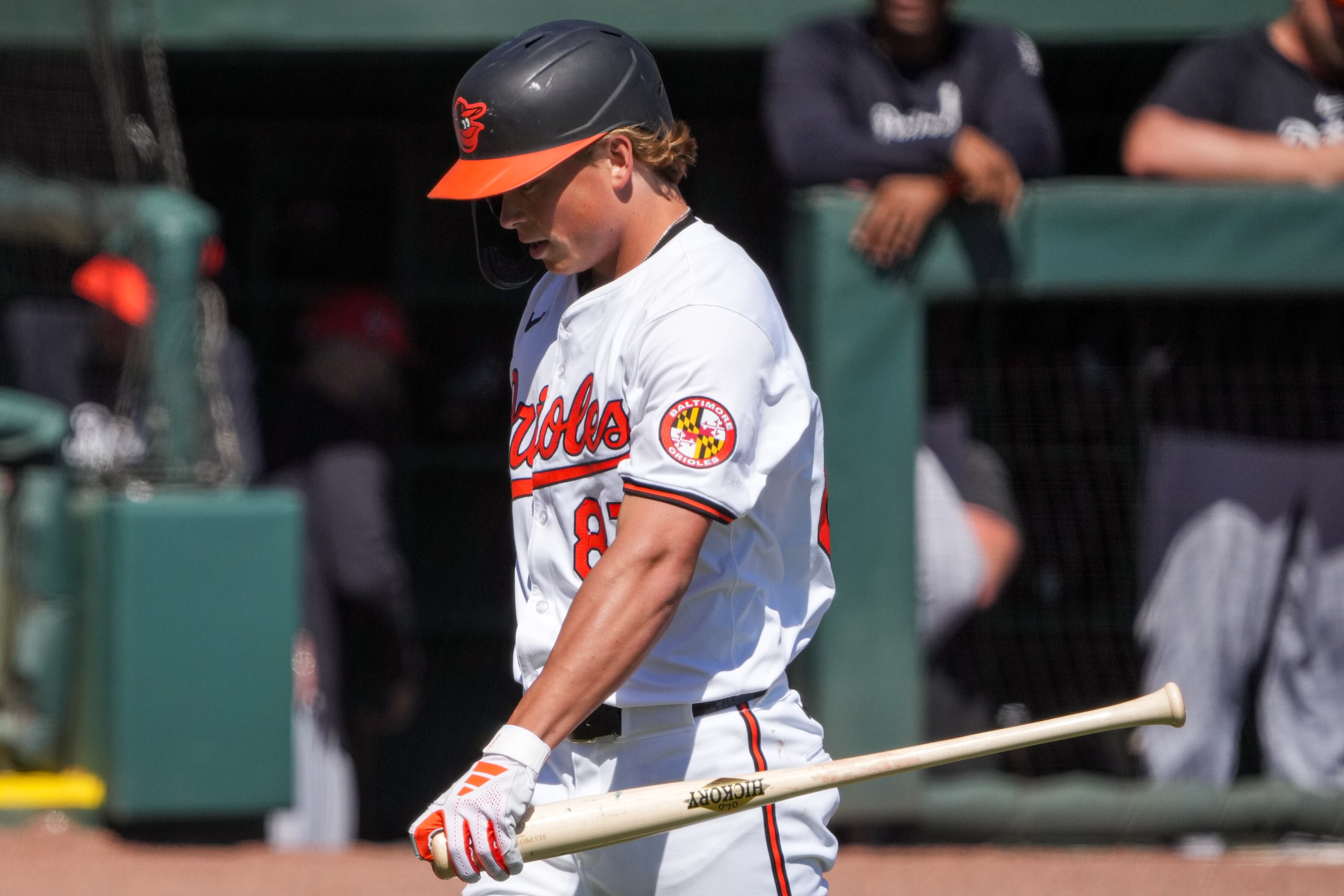 Jackson Holliday strikes out during a Grapefruit League game against the Detroit Tigers on Feb. 27.
