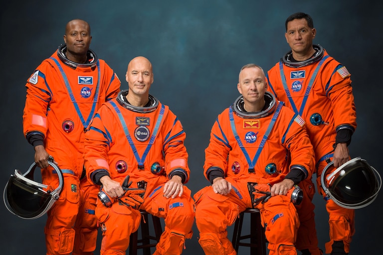 The Artemis III crew poses for an official portrait. From left: Andre Douglas, Luca Parmitano, Randy Bresnik, and Frank Rubio.