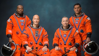 The Artemis III crew poses for an official portrait. From left: Andre Douglas, Luca Parmitano, Randy Bresnik, and Frank Rubio.