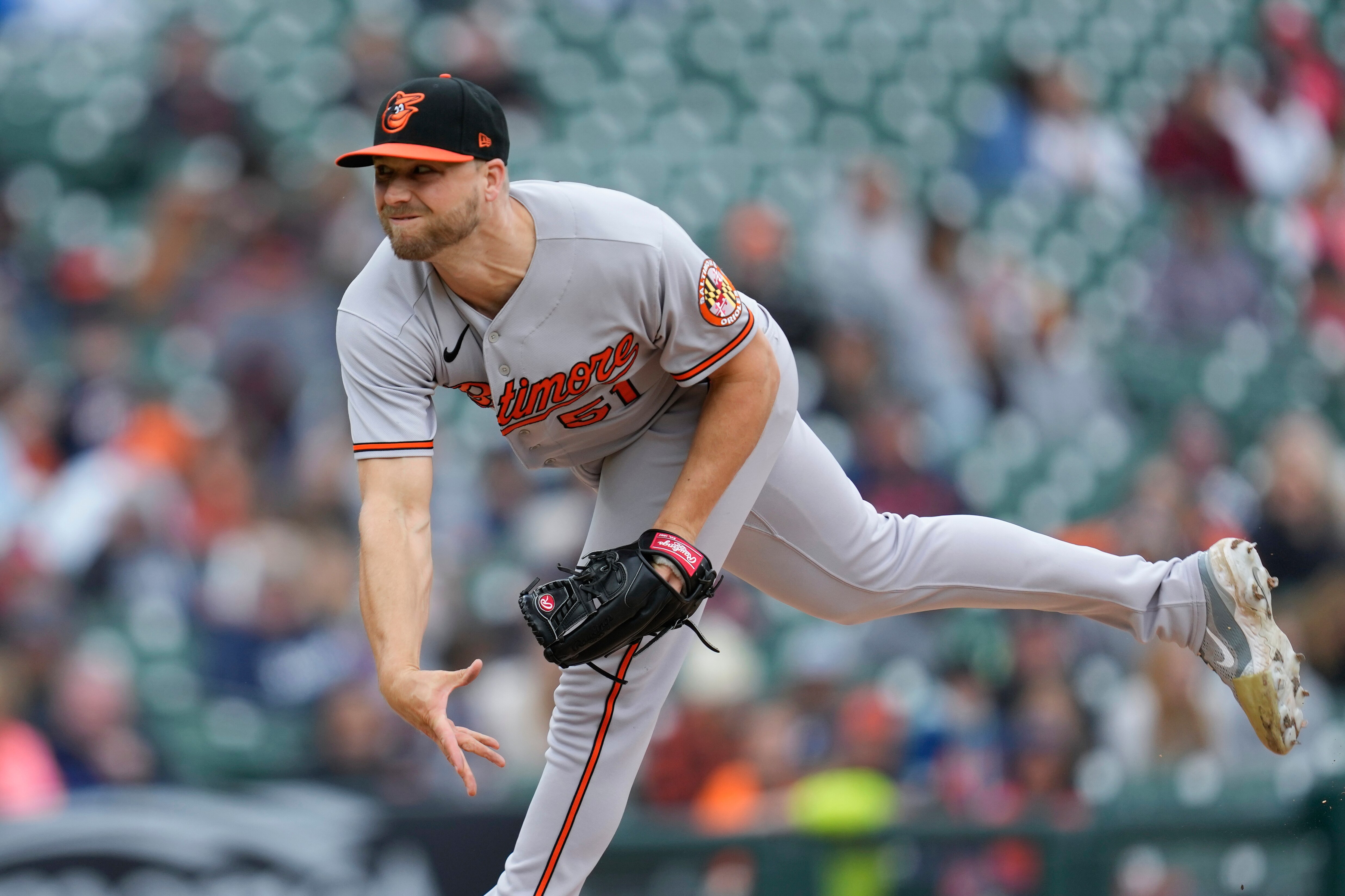 Baltimore Orioles relief pitcher Austin Voth throws against the Detroit Tigers in the seventh inning of a baseball game, Sunday, April 30, 2023, in Detroit.