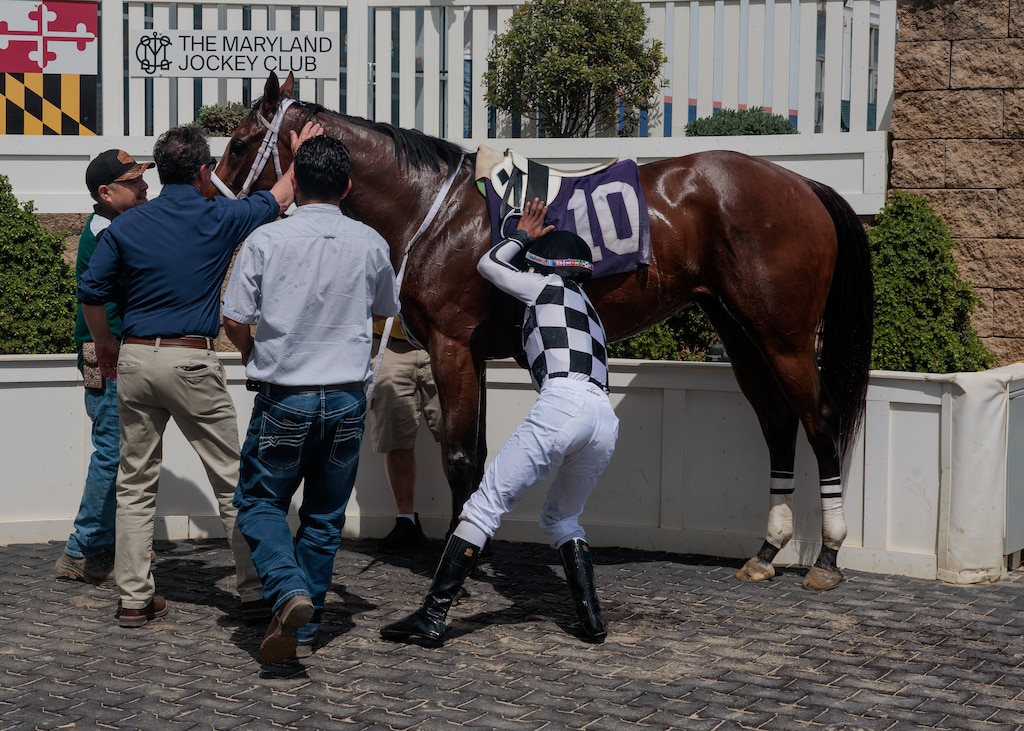 Eighteen-year-old jockey Yesdit Hazlewood loosens the girth on Lein On Her in the winners circle after winning Race 4, a turf race, at Laurel Park Race Track.