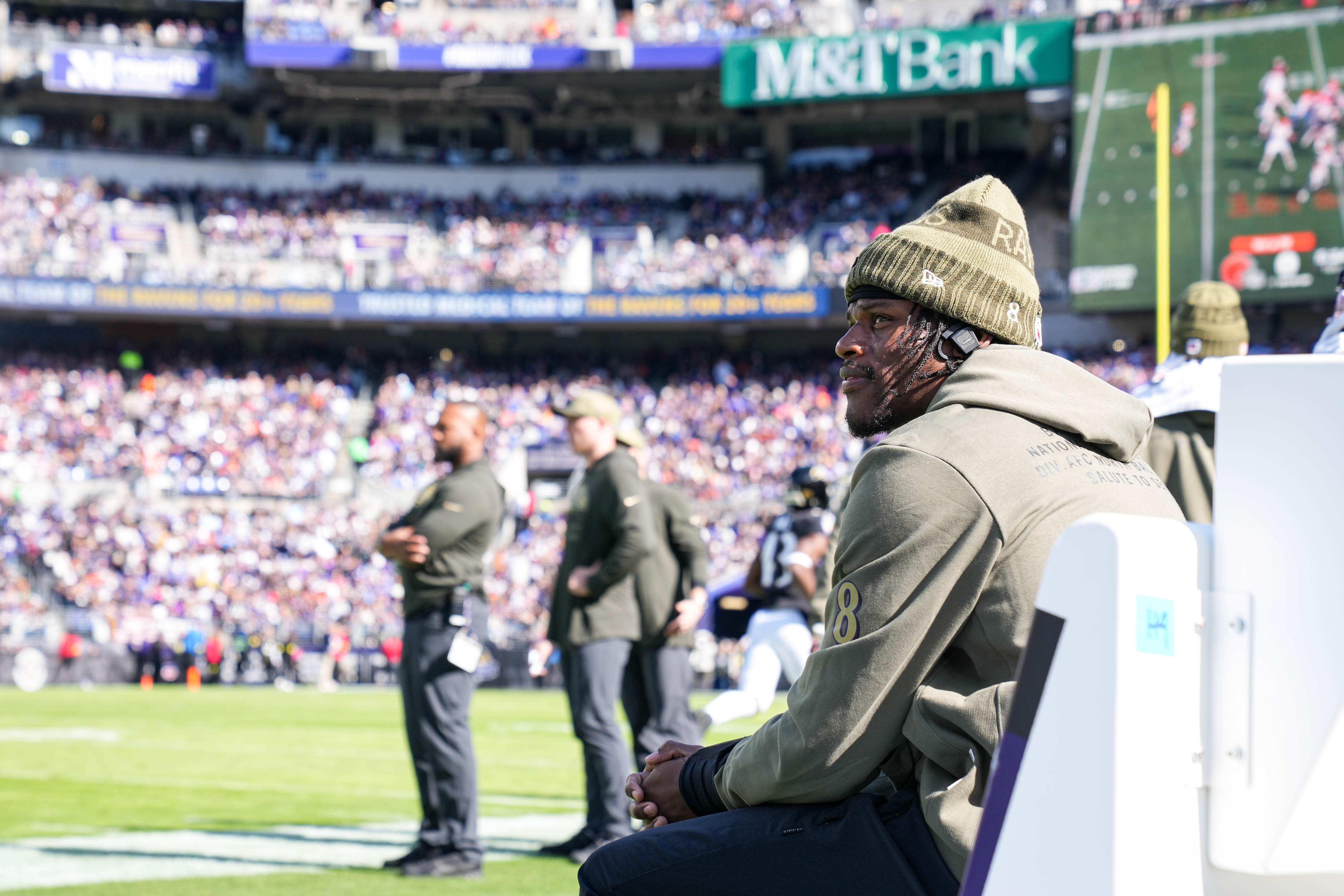 Baltimore Ravens quarterback Lamar Jackson watches a victory over the Chicago Bears at M&T Bank Stadium. 