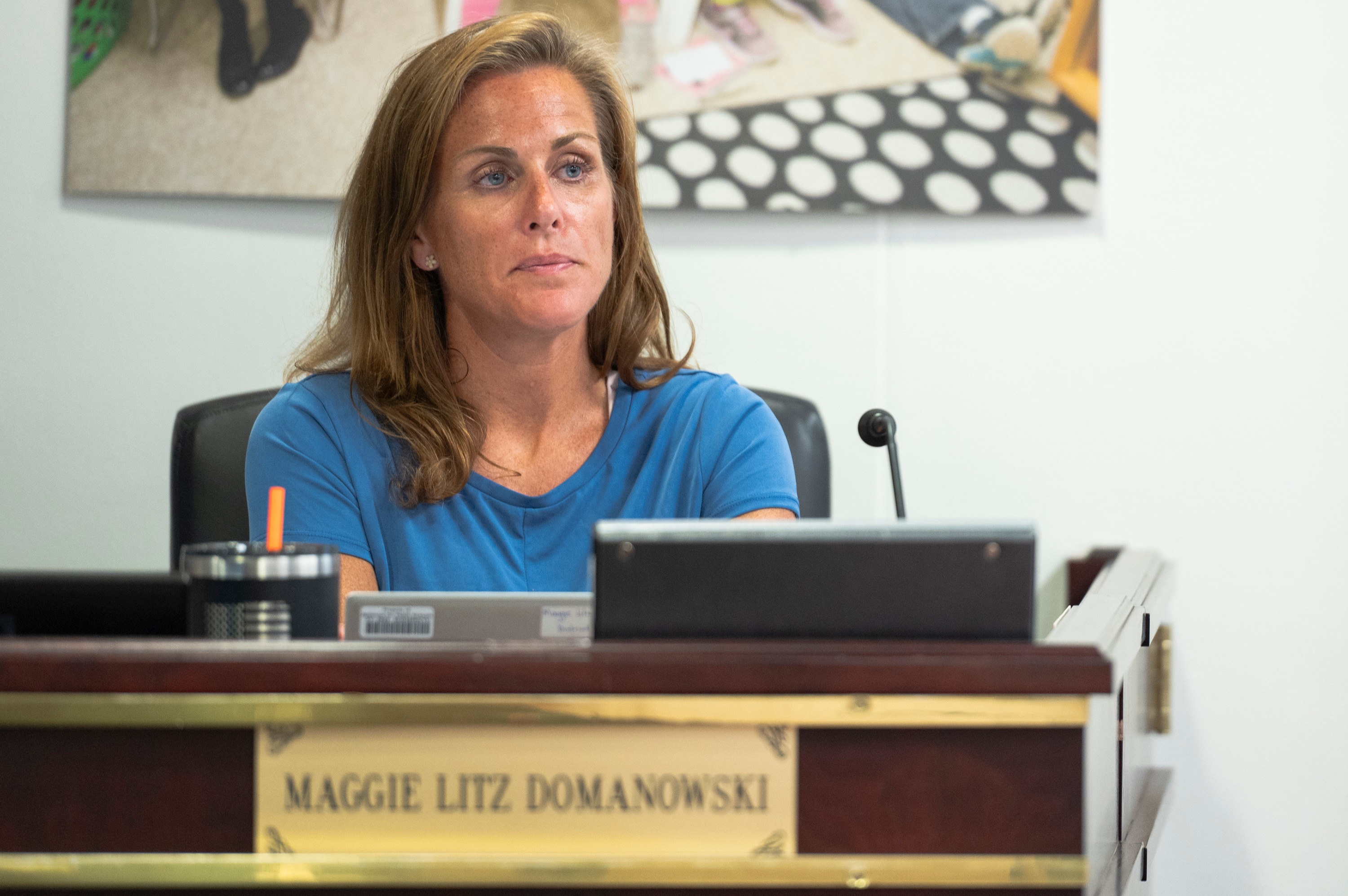 Maggie Litz Domanowski listens intently during a Baltimore County Board of Education meeting on July 11, 2023.