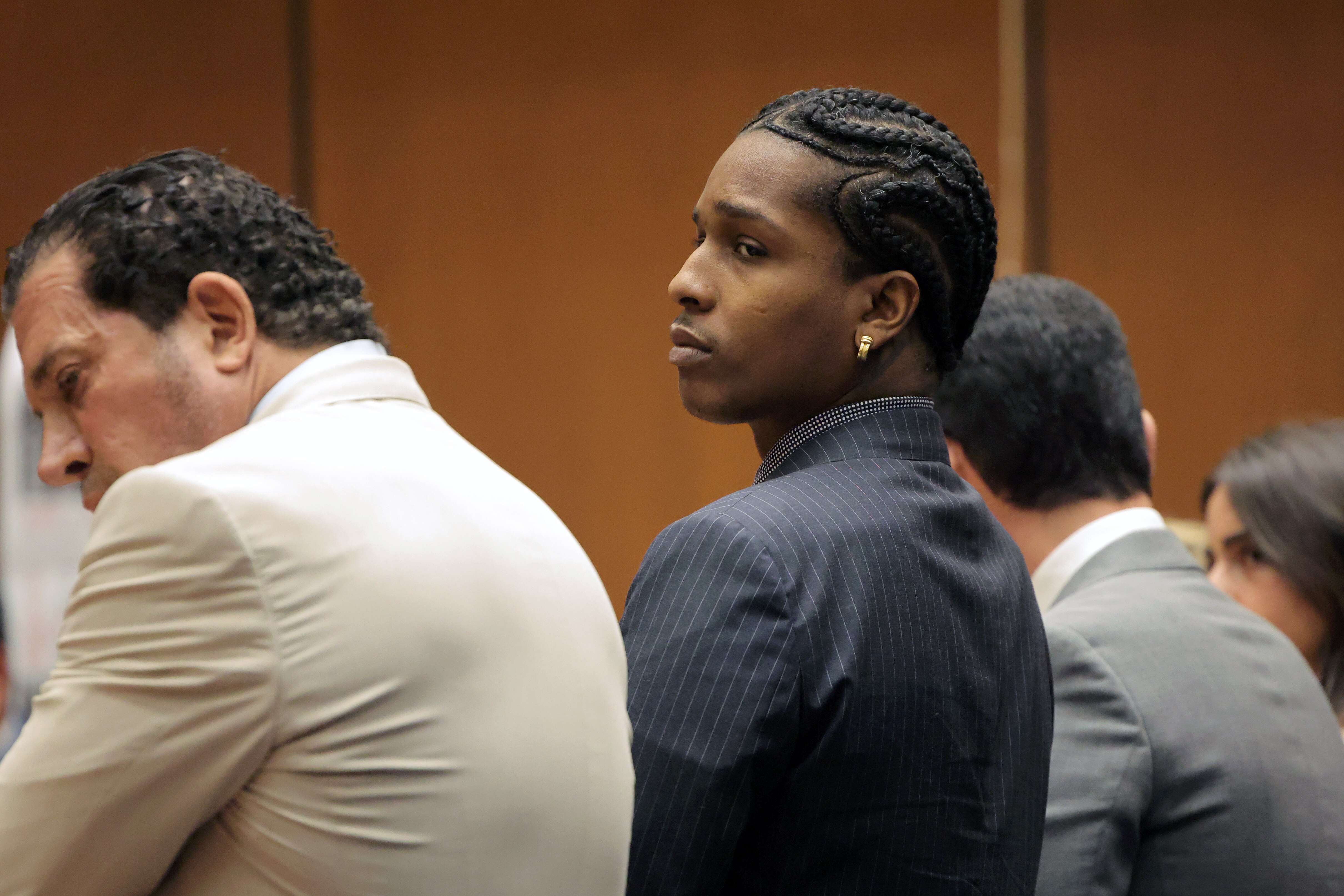LOS ANGELES, CALIFORNIA - FEBRUARY 18: Rakim Mayers, aka A$AP Rocky, appears in court as the verdict is read during his felony assault trial at Clara Shortridge Foltz Criminal Justice Center on February 18, 2025 in Los Angeles, California. A$AP Rocky was found not guilty on all counts.