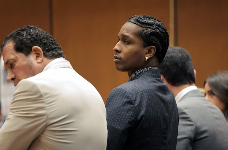 LOS ANGELES, CALIFORNIA - FEBRUARY 18: Rakim Mayers, aka A$AP Rocky, appears in court as the verdict is read during his felony assault trial at Clara Shortridge Foltz Criminal Justice Center on February 18, 2025 in Los Angeles, California. A$AP Rocky was found not guilty on all counts.