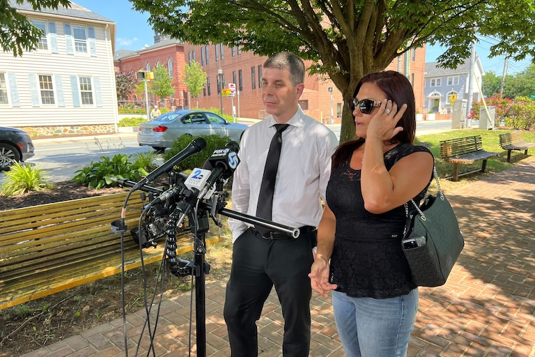 Matthew McMahon, the father of Rachel Morin’s oldest child, and Erin Layman, Rachel Morin’s half-sister, speak to reporters on Friday, June 21, 2024, after a bail review hearing for Victor Martinez-Hernandez in the District Court of Maryland for Harford County in Bel Air.