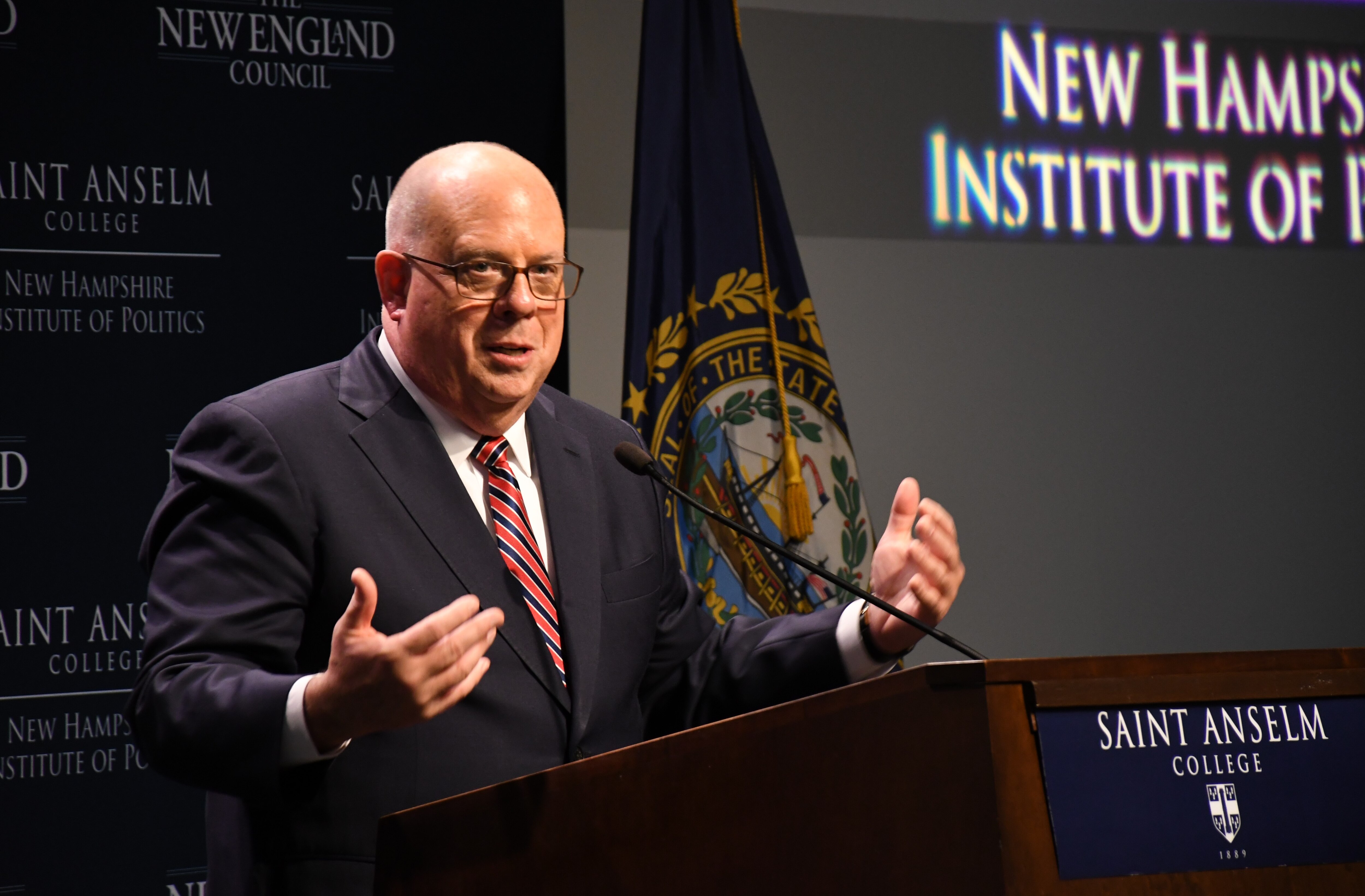 Maryland Gov. Larry Hogan speaks at Politics & Eggs, a political speakers series at St. Anselm College in Manchester, N.H., on Thursday, Oct. 6, 2022. Hogan, a Republican finishing his second term as governor, is weighing a run for president in 2024.
