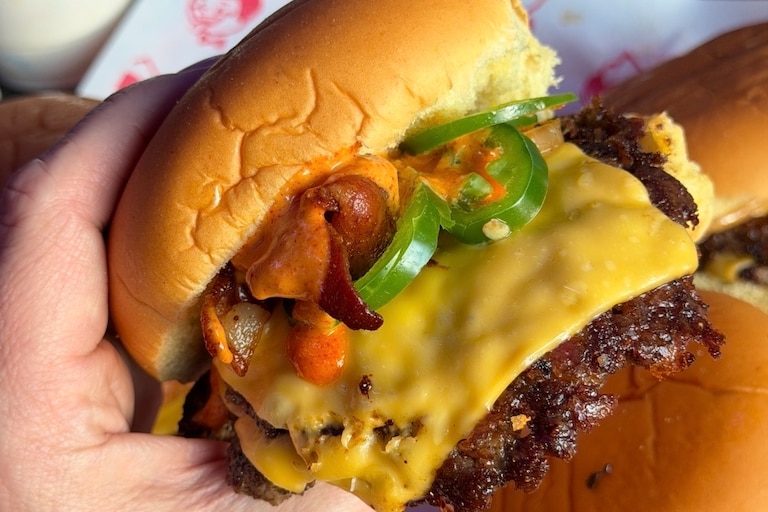 The Hot and Heavy burger from Wanna Smash in Canton.