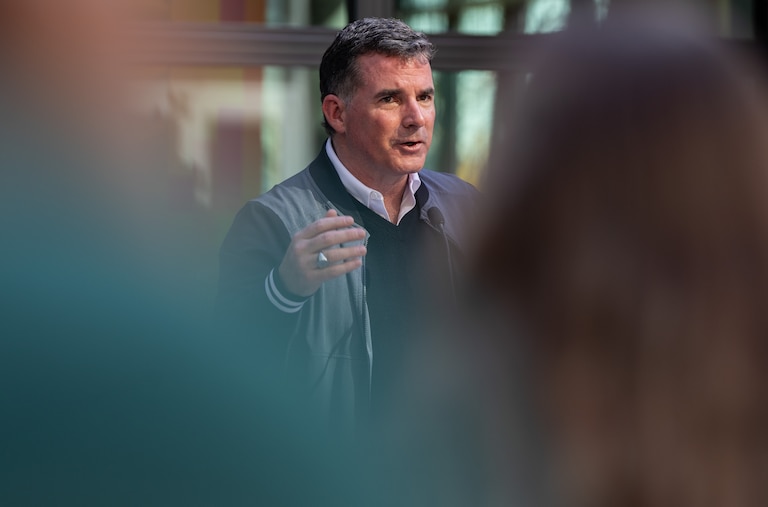 Founder and Executive Chairman of Under Armour Kevin Plank speaks during a press conference about Slutty Vegan coming to Baltimore Peninsula on Thursday, Oct. 26, 2023.