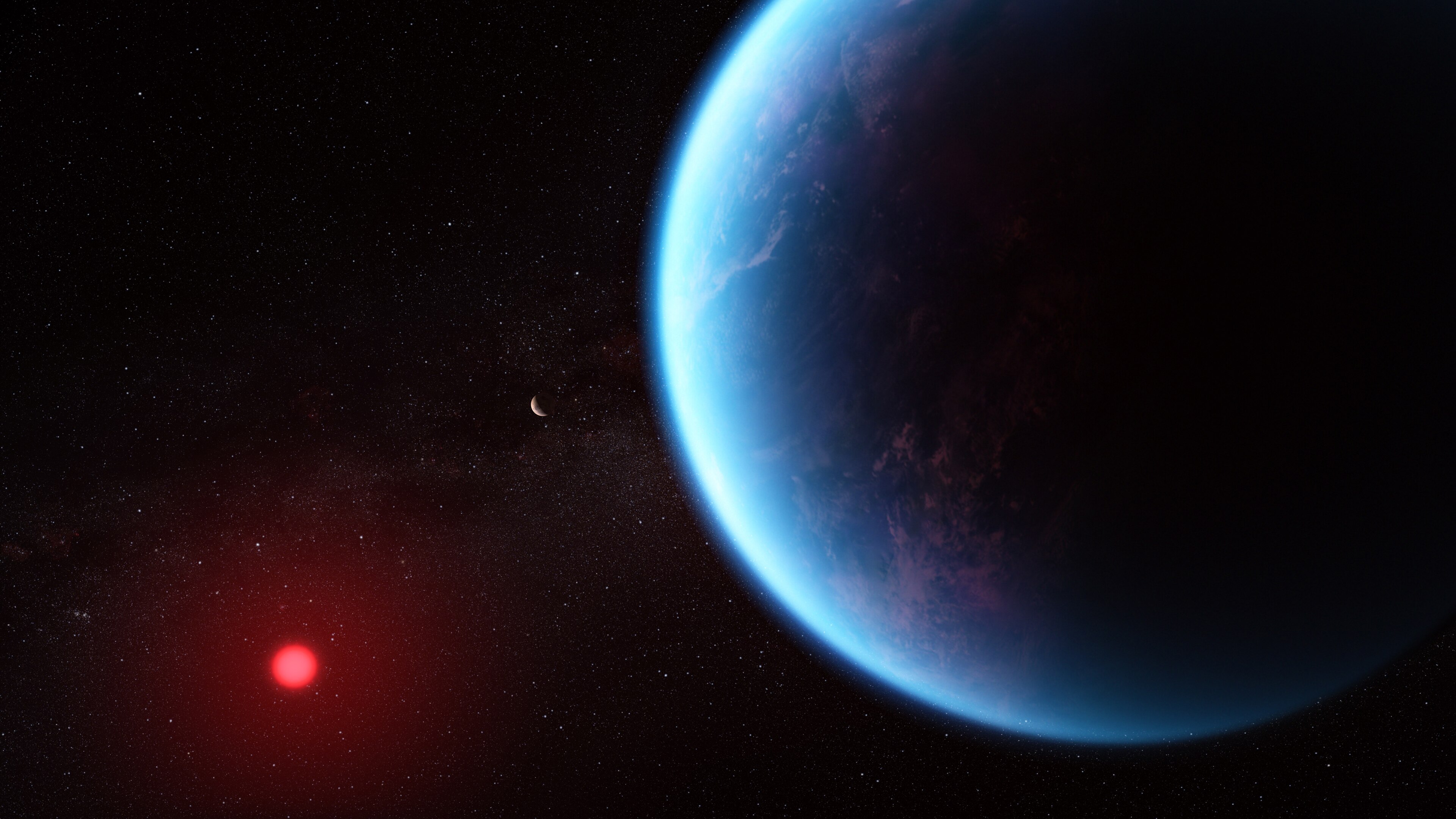 This illustration shows what exoplanet K2-18 b could look like based on science data. K2-18 b, an exoplanet 8.6 times as massive as Earth, orbits the cool dwarf star K2-18 in the habitable zone and lies 120 light-years from Earth.