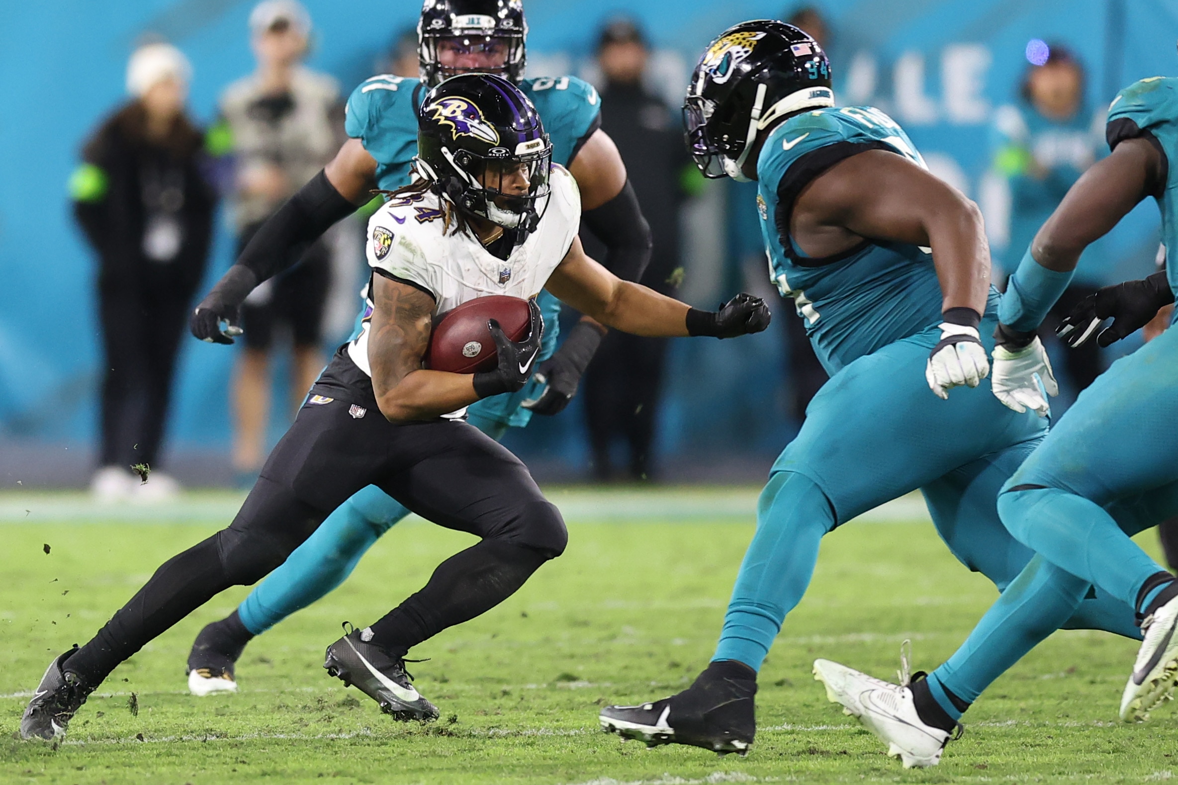 Keaton Mitchell #34 of the Baltimore Ravens runs with the ball against the Jacksonville Jaguars during the third quarter at EverBank Stadium on Dec. 17, 2023, in Jacksonville, Florida.
