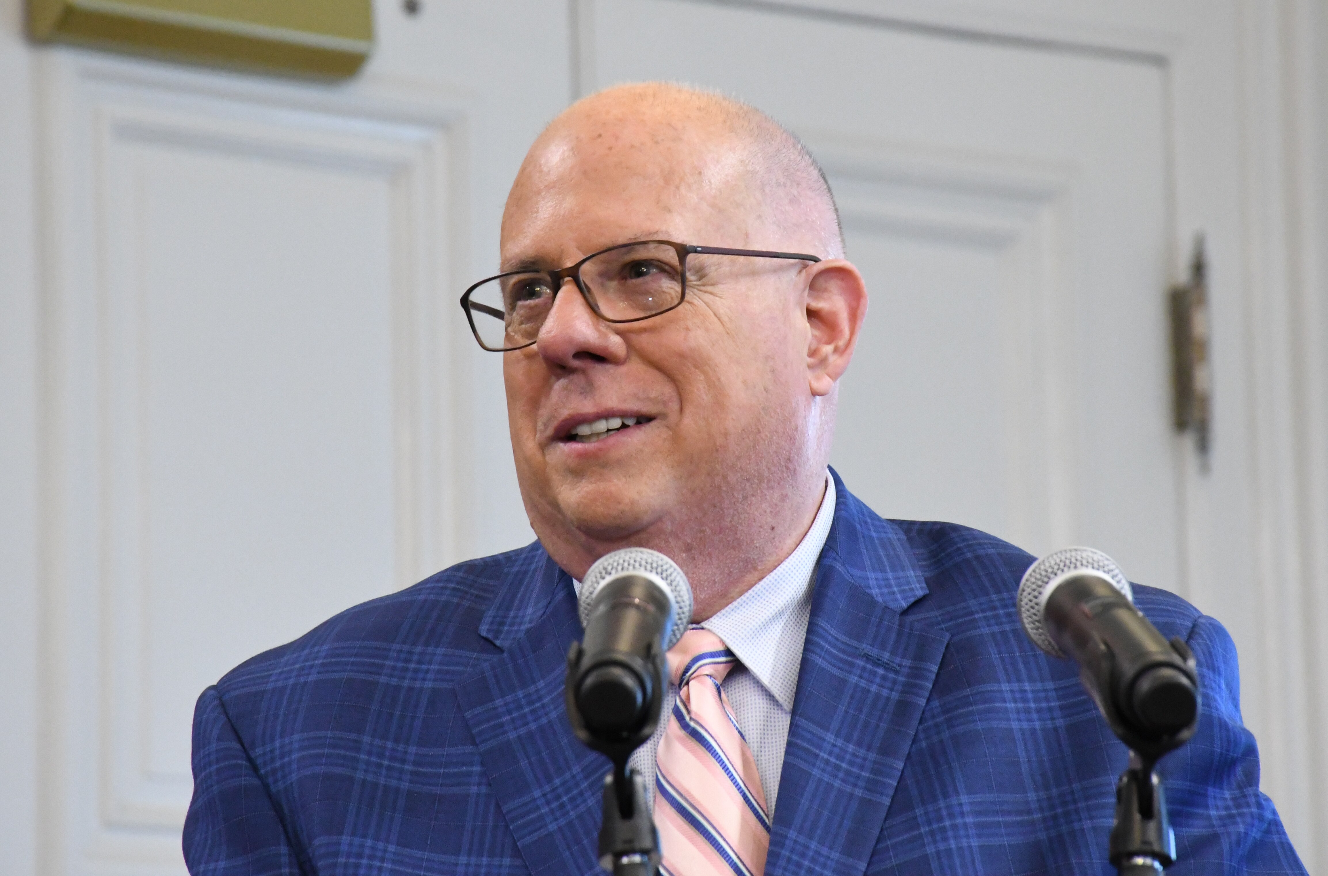 Photo by Pamela Wood/The Baltimore Banner -- Maryland Gov. Larry Hogan, a Republican, speaks at a bill-signing event in the Governor's Reception Room at the State House in Annapolis on March 18, 2022.