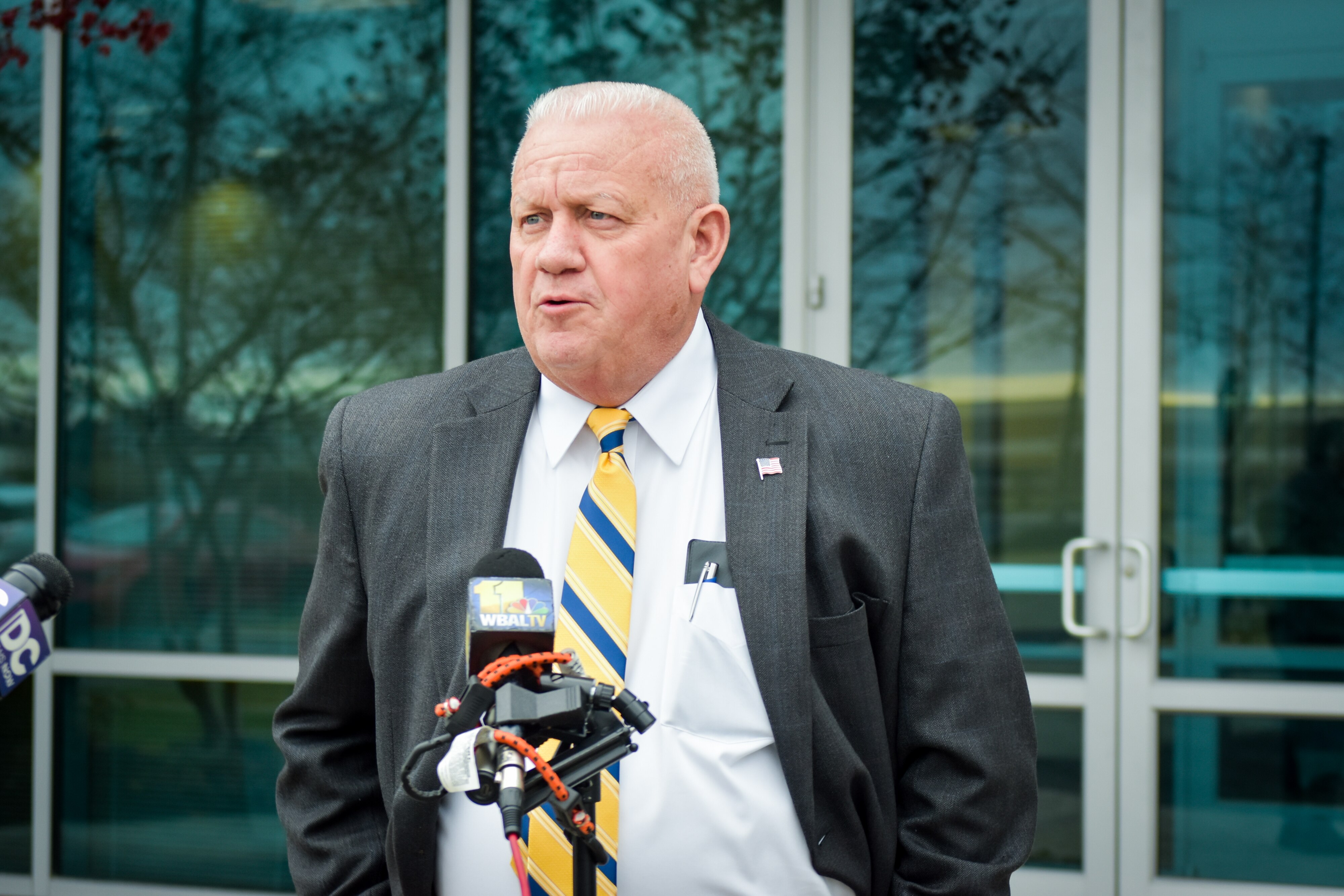 Frederick County Sheriff Chuck Jenkins speaks to press outside the Frederick County Board of Elections on Wednesday to announce his formal bid for re-election.