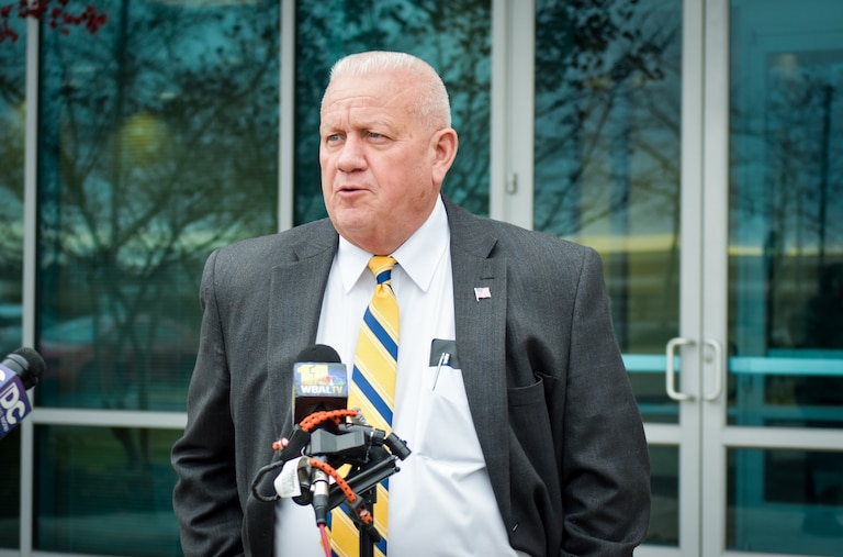 Frederick County Sheriff Chuck Jenkins speaks to press outside the Frederick County Board of Elections on Wednesday to announce his formal bid for re-election.