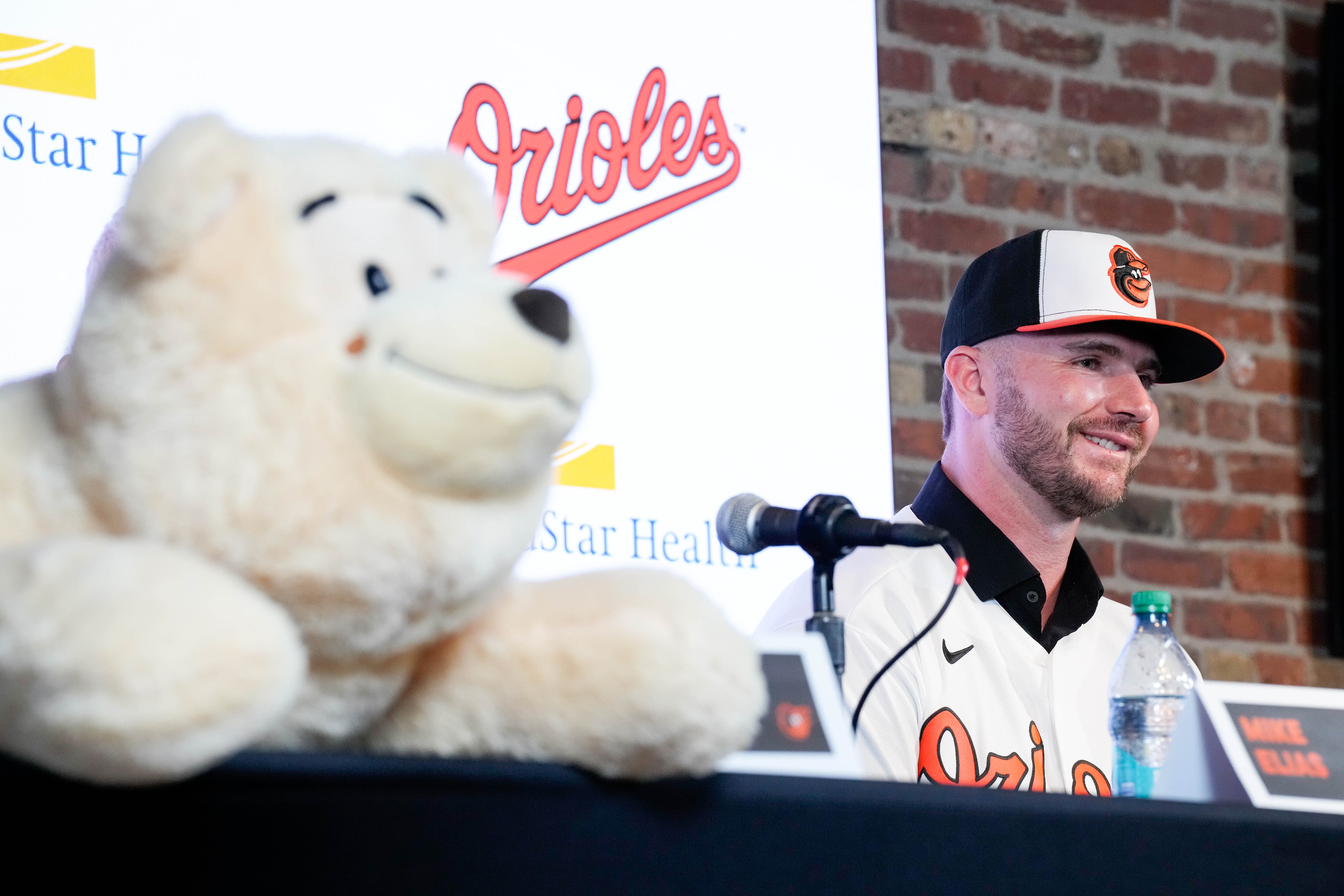 Newly signed Orioles first baseman Pete Alonso smiles as he’s introduced during a news conference at Oriole Park at Camden Yards on Friday.