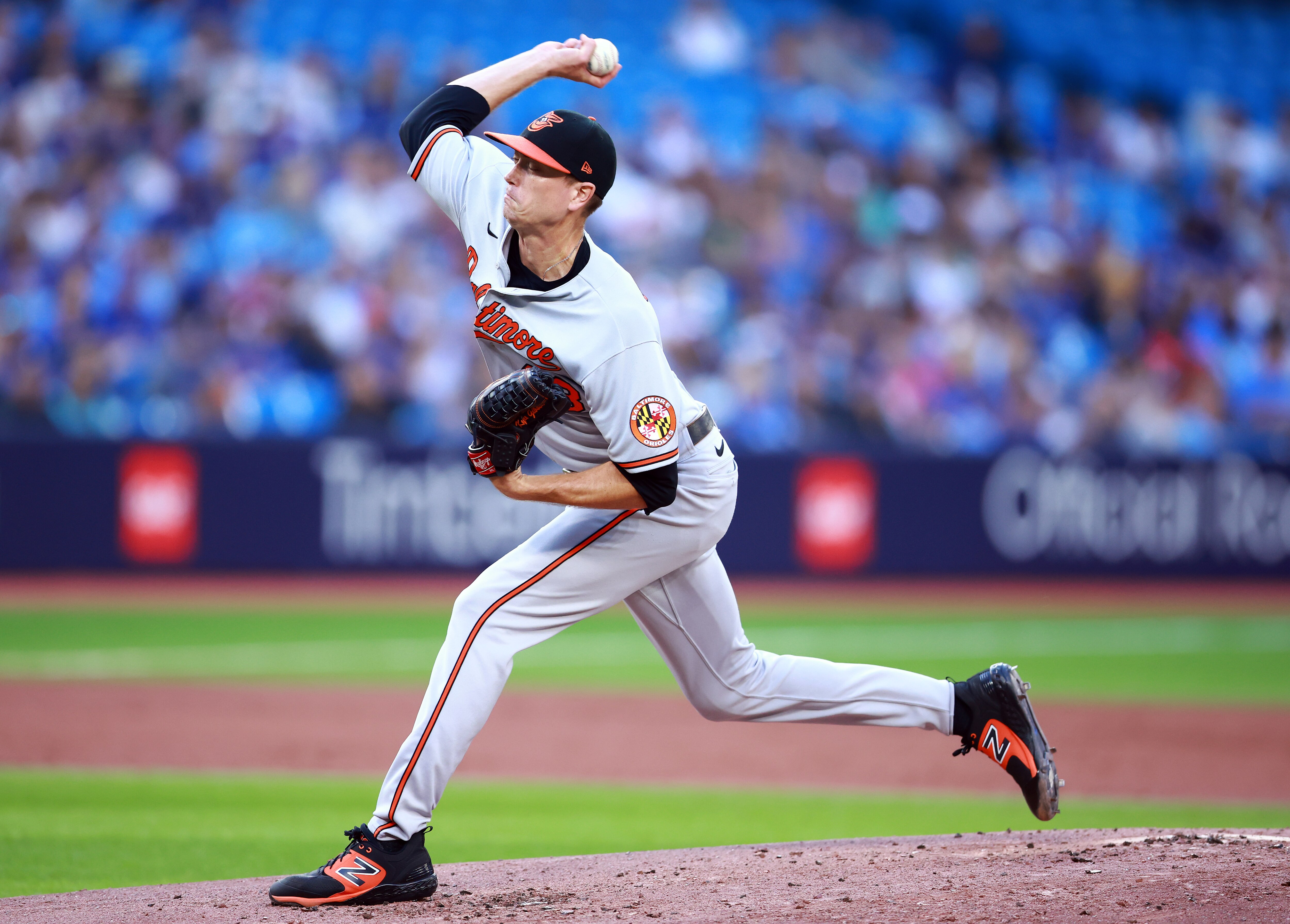 Kyle Gibson #48 of the Baltimore Orioles delivers a pitch in the first inning against the Toronto Blue Jays at Rogers Centre on July 31, 2023 in Toronto, Ontario, Canada.