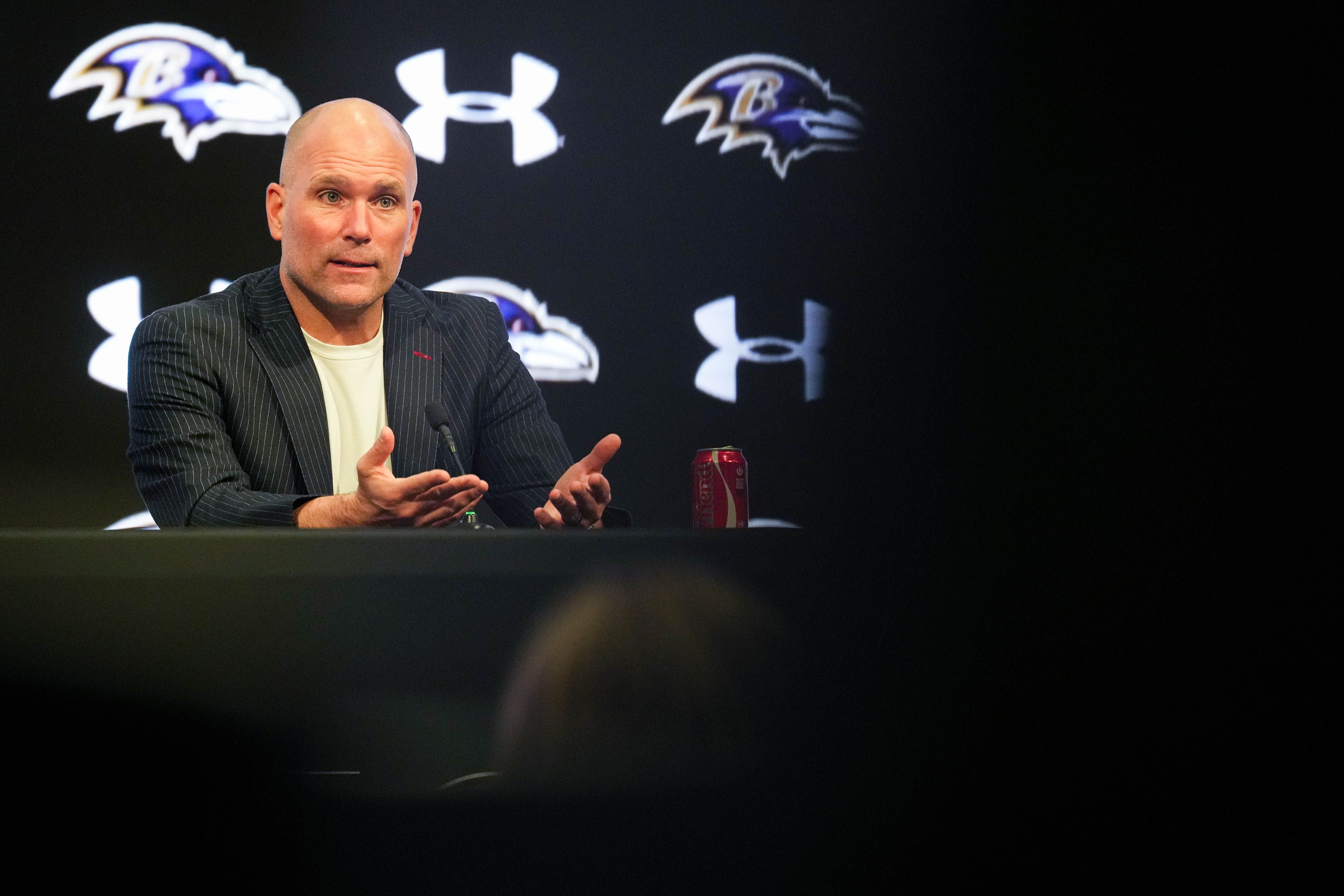 Ravens general manager Eric DeCosta speaks at the team’s predraft press conference last week.