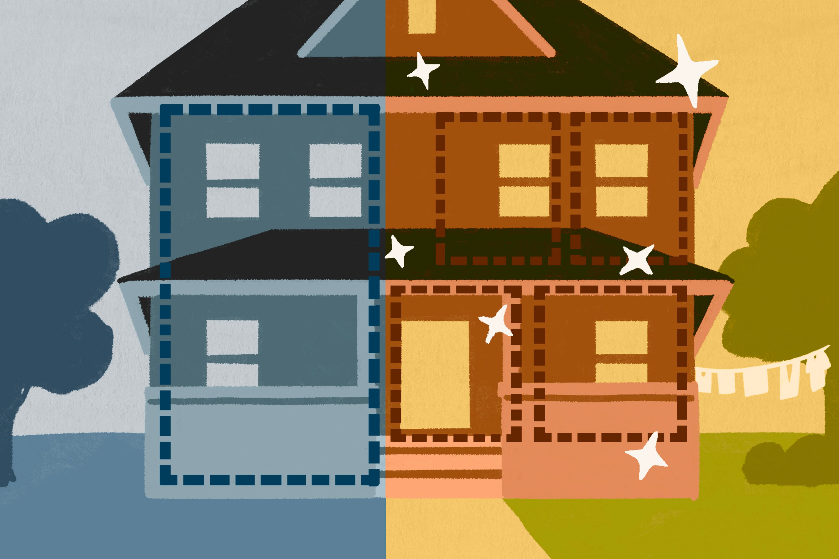 Large house sheltering one family on left, multiple families and individuals on right