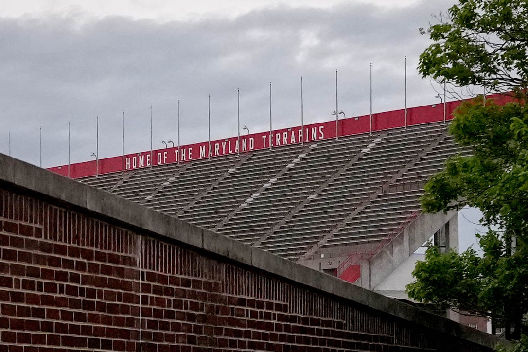 Seats inside of SECU Stadium read “Home of the Maryland Terrapins” at the University of Maryland in College Park, Md. on Friday, April 4, 2025.
