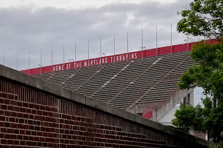 Seats inside of SECU Stadium read “Home of the Maryland Terrapins” at the University of Maryland in College Park, Md. on Friday, April 4, 2025.