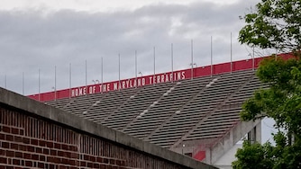 Seats inside of SECU Stadium read “Home of the Maryland Terrapins” at the University of Maryland in College Park, Md. on Friday, April 4, 2025.