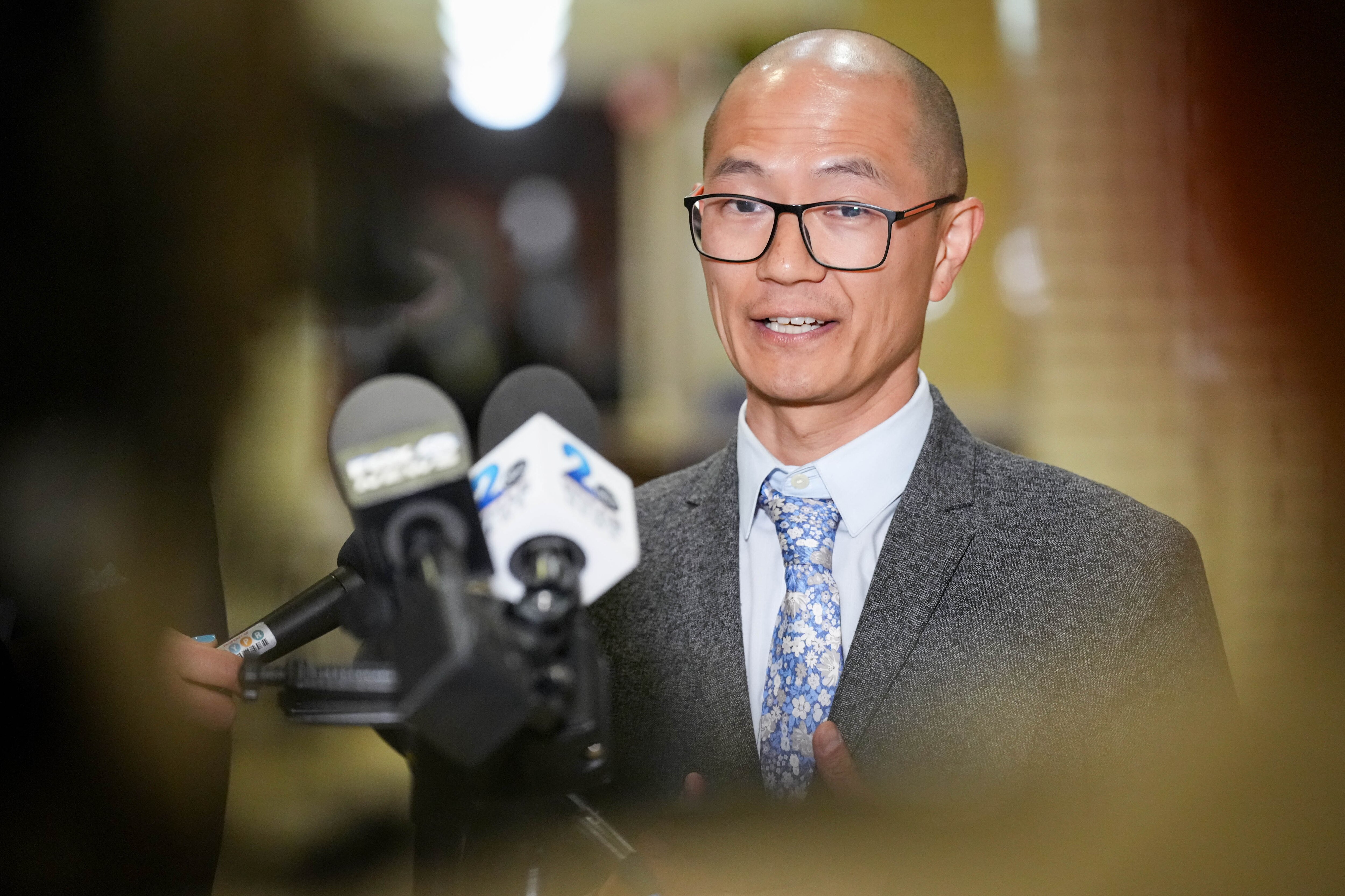 Majority Leader David Moon holds a press conference in the hallway of the Maryland State House on Sine Die in Annapolis, Md. on Monday, April 7, 2025.