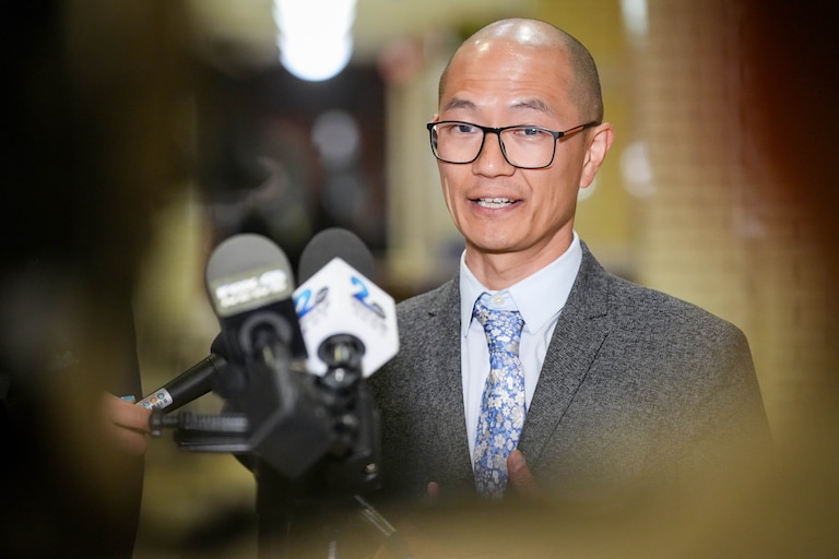 Majority Leader David Moon holds a press conference in the hallway of the Maryland State House on Sine Die in Annapolis, Md. on Monday, April 7, 2025.