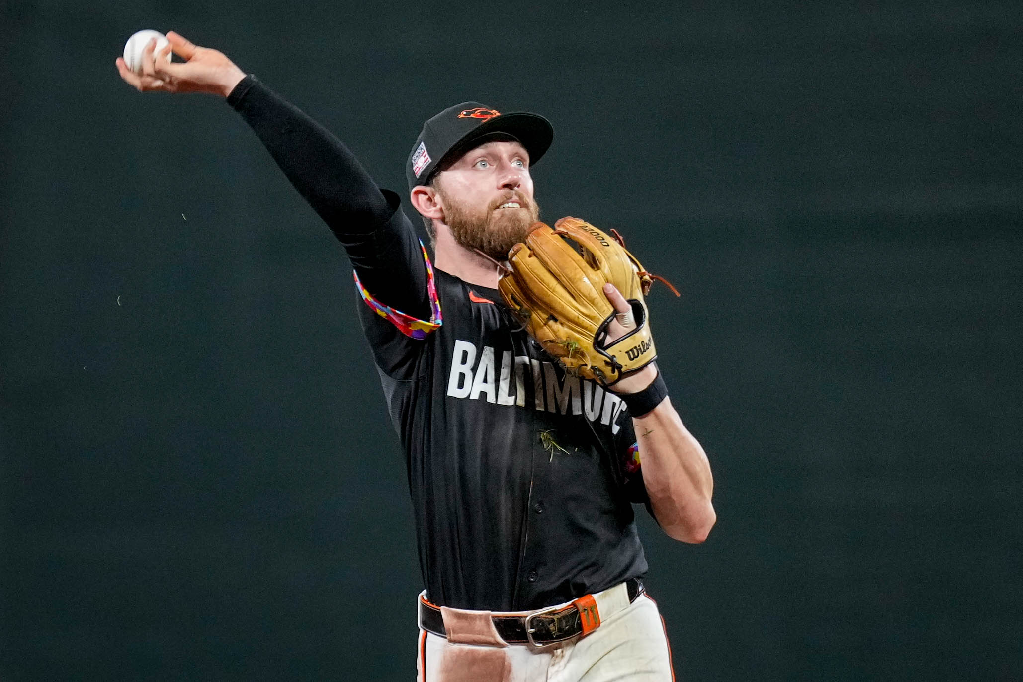 Baltimore Orioles third baseman Jordan Westburg (11) throws to a fan in the crowd in the 9th inning of a game against the Colorado Rockies at Oriole Park at Camden Yards in Baltimore, Md. on Friday, July 25, 2025.