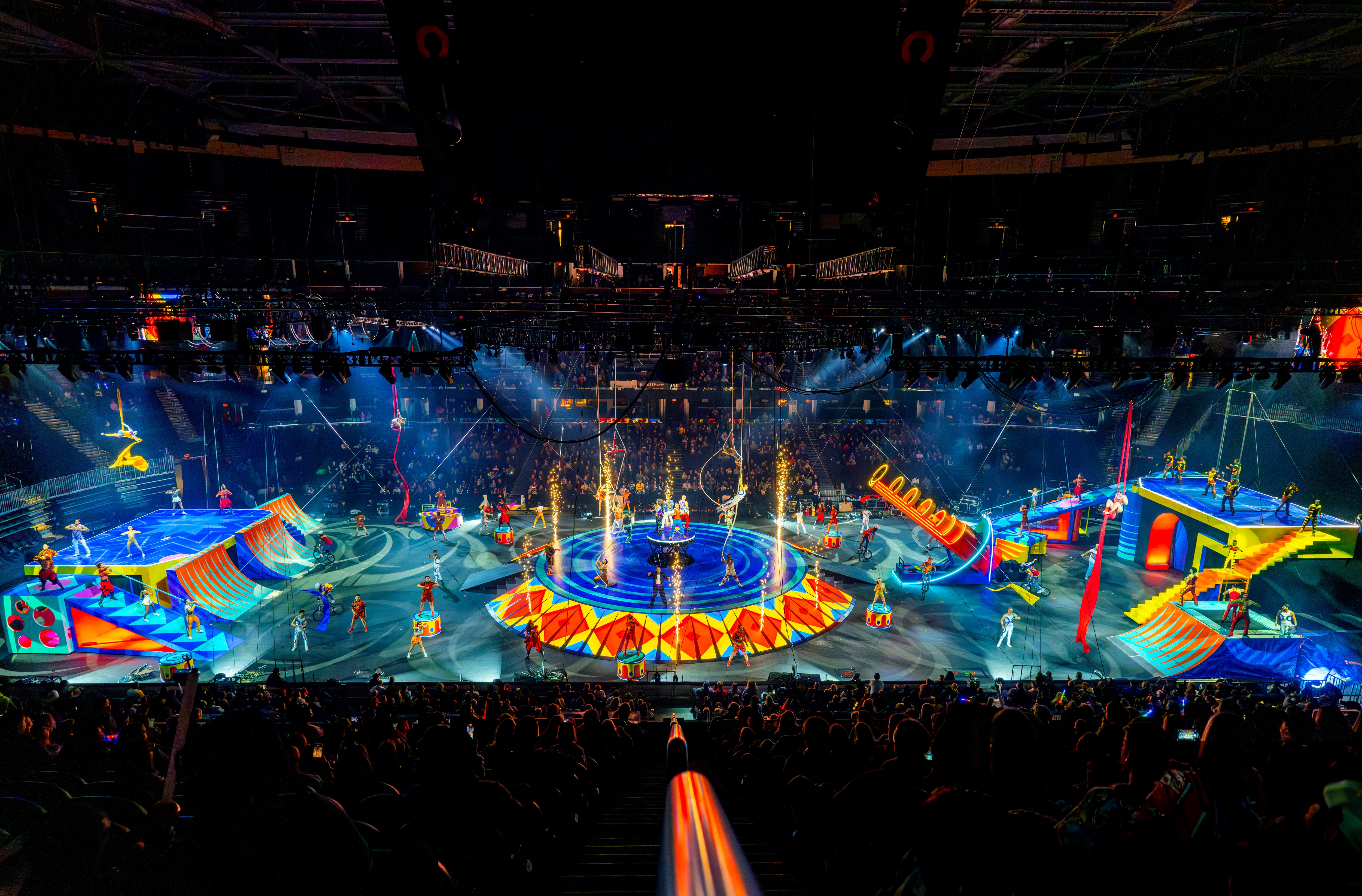 The cast of The Greatest Show On Earth fill the stage during the finale after the Ringling Rocket launch.