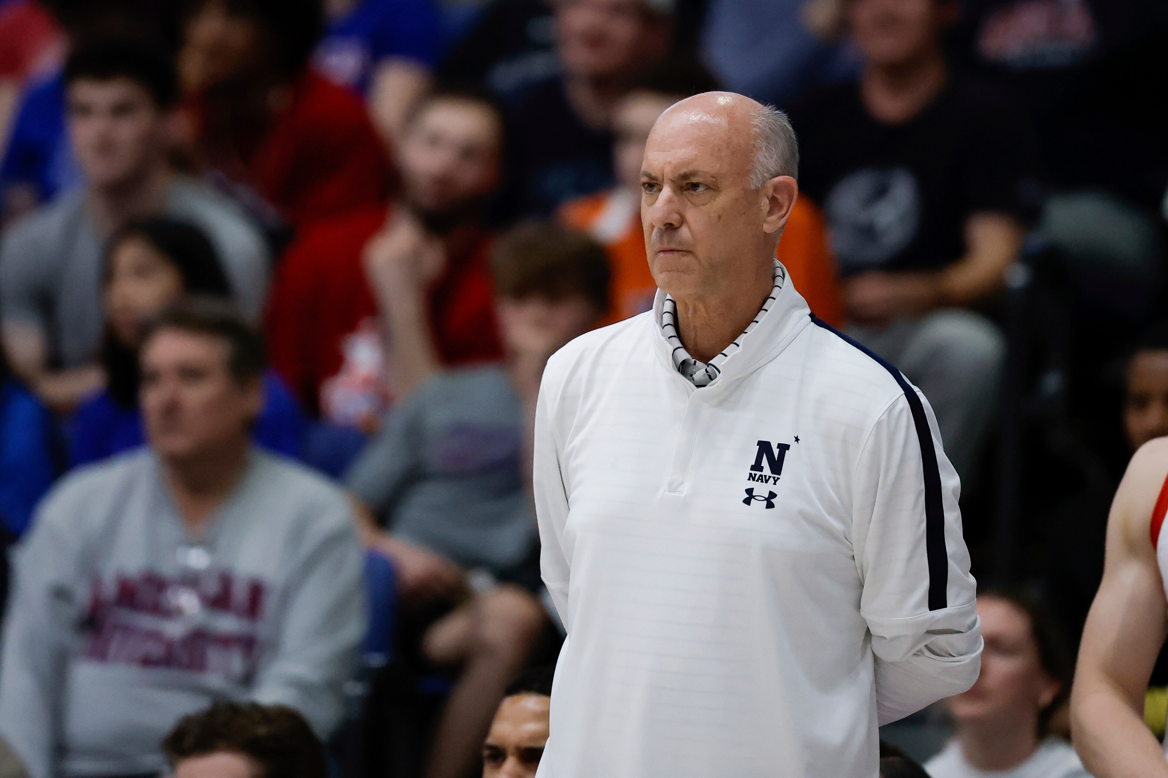Navy head coach Ed DeChellis looks on during the second half of the Patriot League tournament against American.