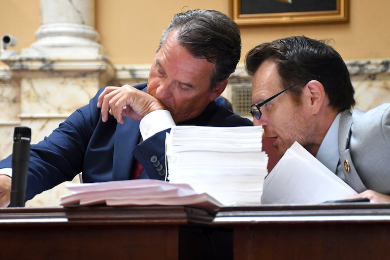 Senate Republican leaders Sen. Stephen Hershey, left, and Sen. Justin Ready, confer behind a stack of proposed amendments during a special session of the General Assembly on Tuesday, Aug. 4, 2026.