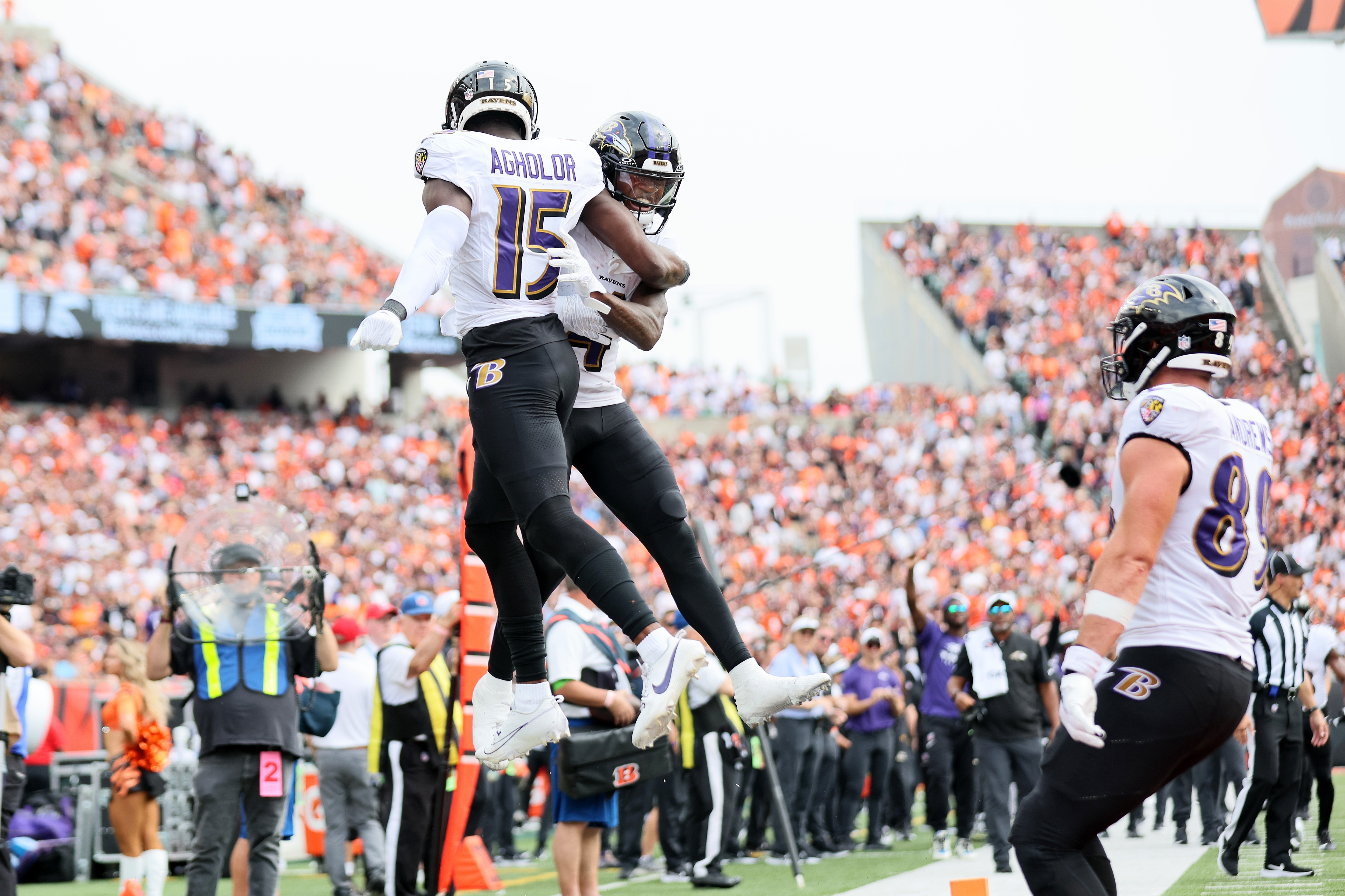 Nelson Agholor and Zay Flowers celebrate a touchdown during the fourth quarter of the Ravens' 27-24 win in Cincinnati on Sunday.
