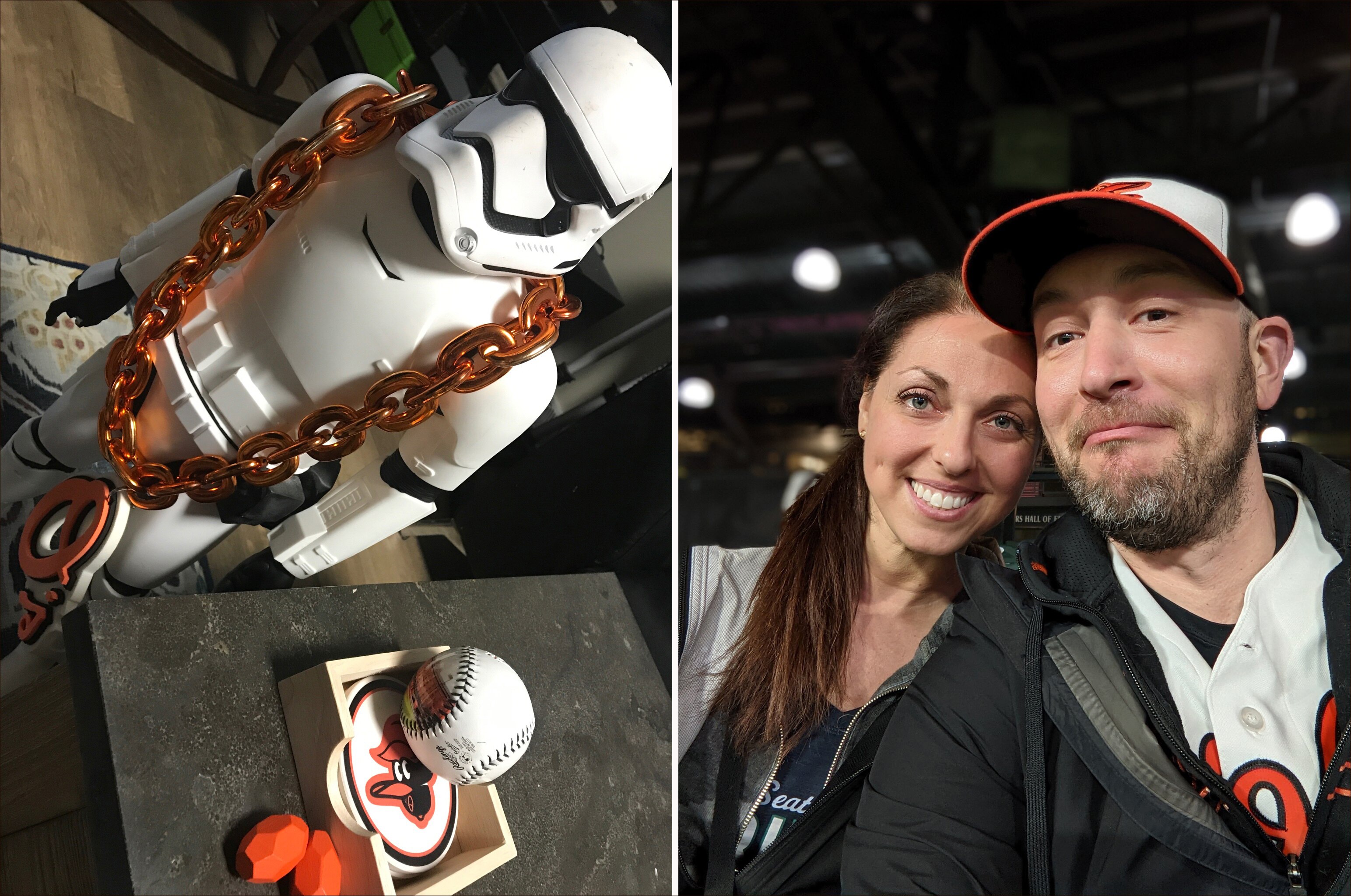 (left phot) A home run chain around "Stormiest" the Stormtrooper in the home of Karen Baumeister and her son Charlie. Charlie has been decorating the family's living room with Orioles colors to bring the team luck.  (right photo). Adam Ronquillo and his wife at an Orioles game at T-Mobile Park. Ronquillo is wearing his "away" Orioles hat.