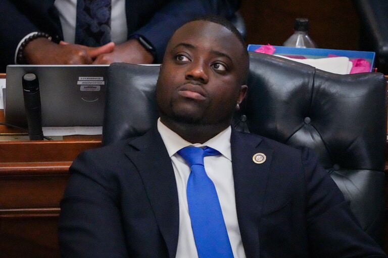 Del. Adrian Boafo, a Prince George’s County Democrat, sits in the Maryland State House during Sine Die, the final day of the 2024 General Assembly Session in Annapolis, on April 8, 2024. Any bill that doesn’t get passed by midnight on Sine Die is dead, and lawmakers will need to address it next year.