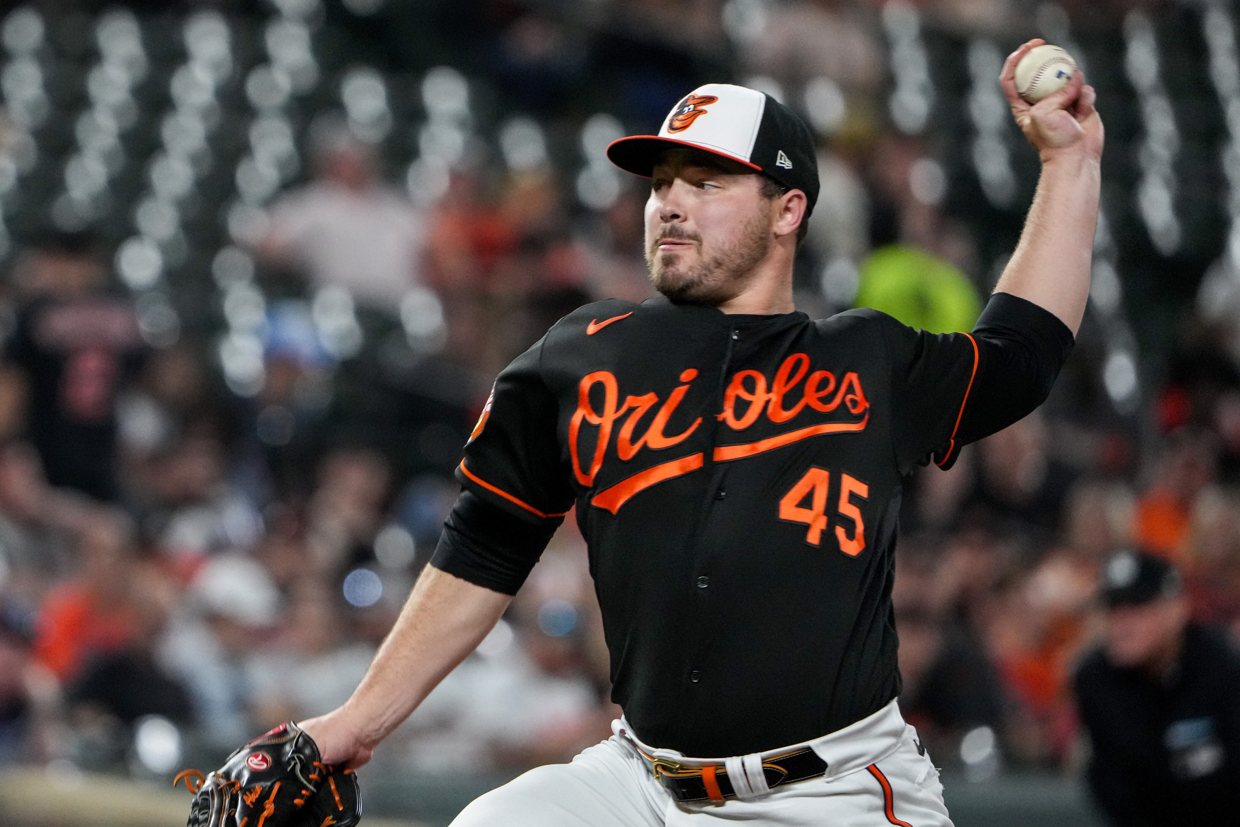 Baltimore Orioles relief pitcher Keegan Akin (45) pitches in a game against the Tampa Bay Rays in Baltimore on Monday, May 8. The Rays and Orioles played the first game of a series on Monday.