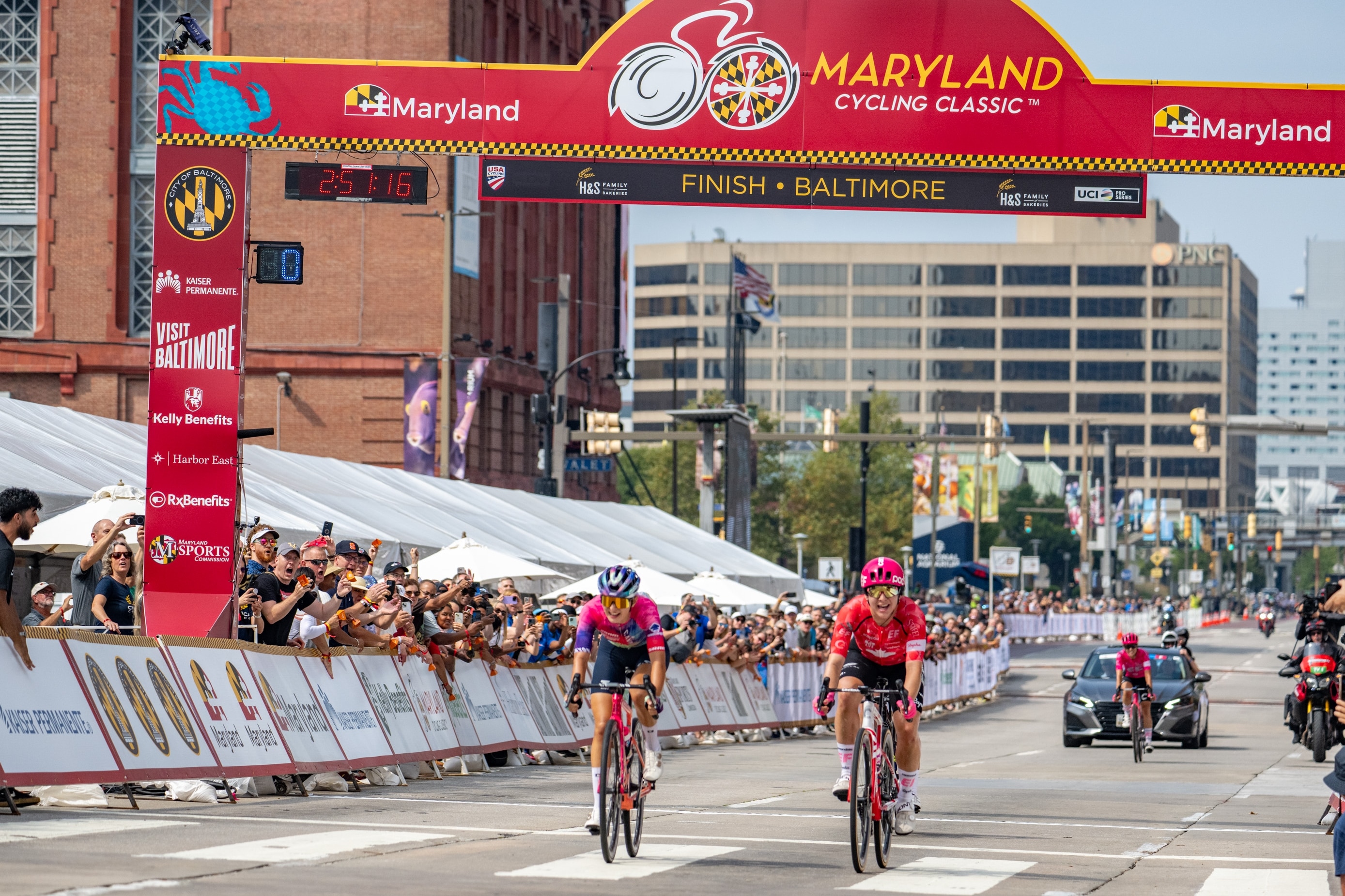 Saturday, Sept. 6, 2025 — Racers sprint for the finish line in the inaugural women's race of the Maryland Cycling Classic.