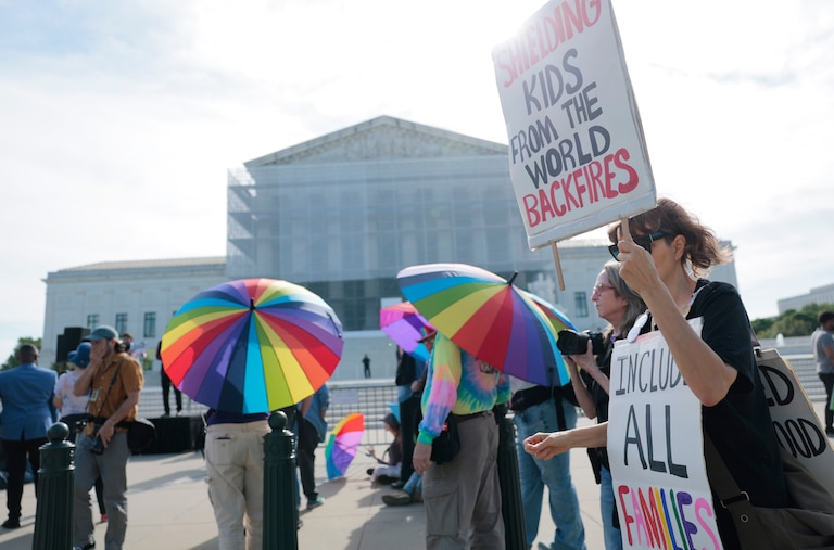 WASHINGTON, DC - APRIL 22: Protesters in support of LGBTQ+ rights and against book bans demonstrate outside of the U.S. Supreme Court Building on April 22, 2025 in Washington, DC. U.S. Supreme Court Justices heard arguments for the case of Mahmoud v. Taylor where a coalition of parents from Montgomery County, Maryland, say that a school requiring their children to participate in classes that include LGBTQ themes violates their religious beliefs and thus their First Amendment right to freely exercise their religion.