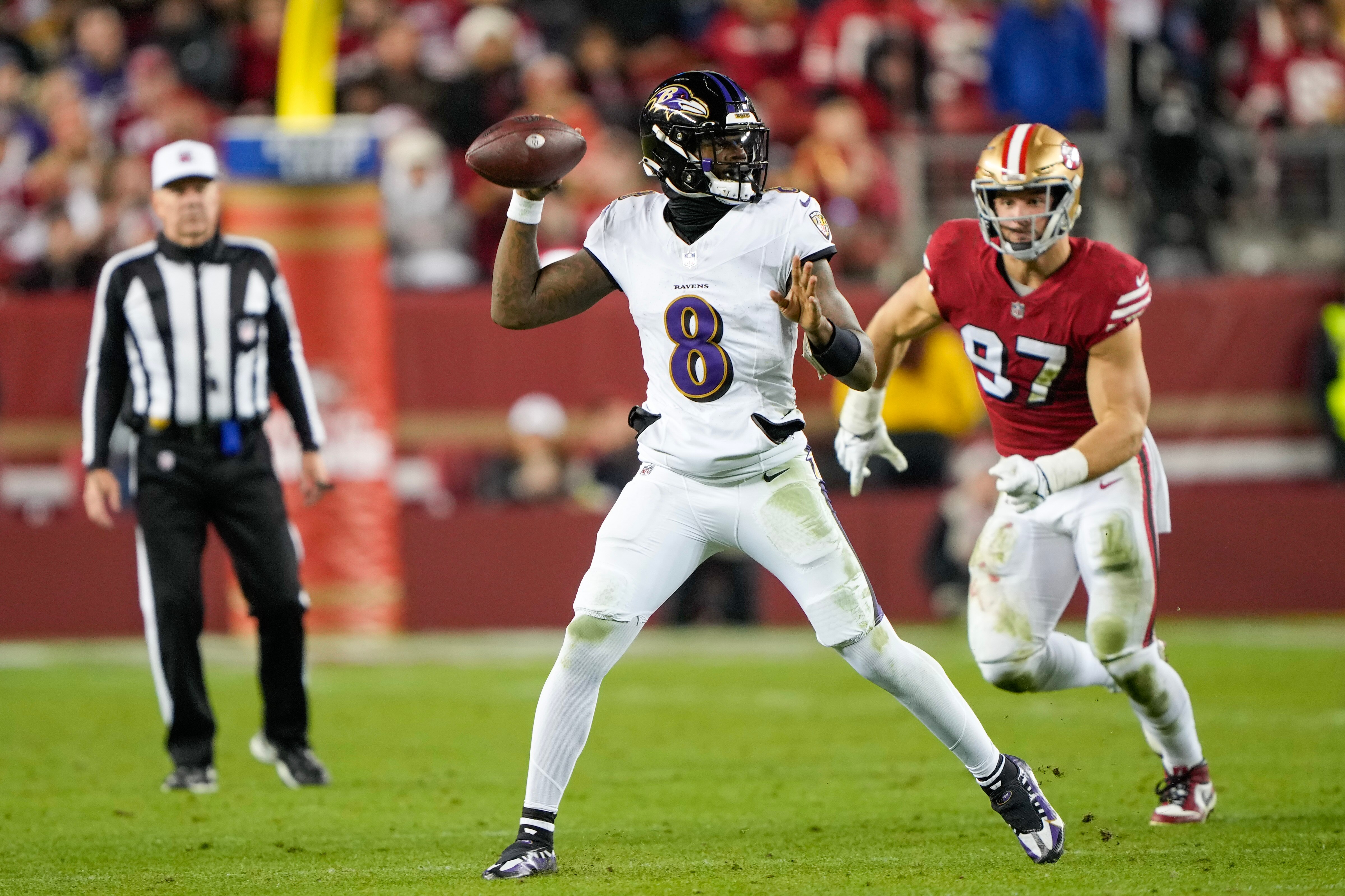 Lamar Jackson, #8 of the Baltimore Ravens, attempts a pass during the third quarter against the San Francisco 49ers at Levi’s Stadium on Dec. 25, 2023 in Santa Clara, California.