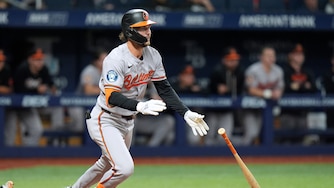 Dylan Beavers watches his two-run single off Tampa Bay Rays pitcher Kevin Kelly during the seventh inning.
